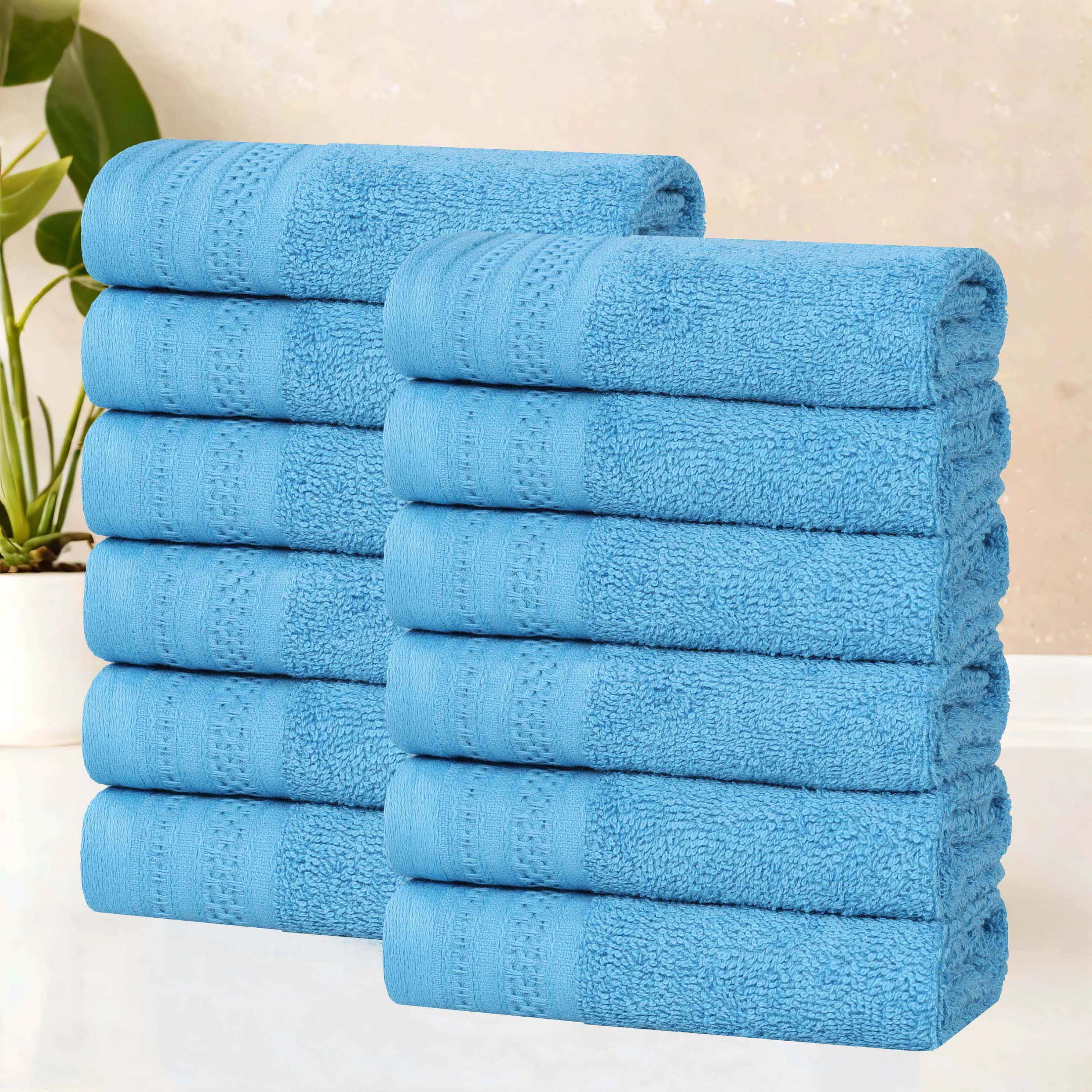Honeycomb Textured Waffle Border Cotton Face Towels, Set of 12 - Face Towel by Superior Brand