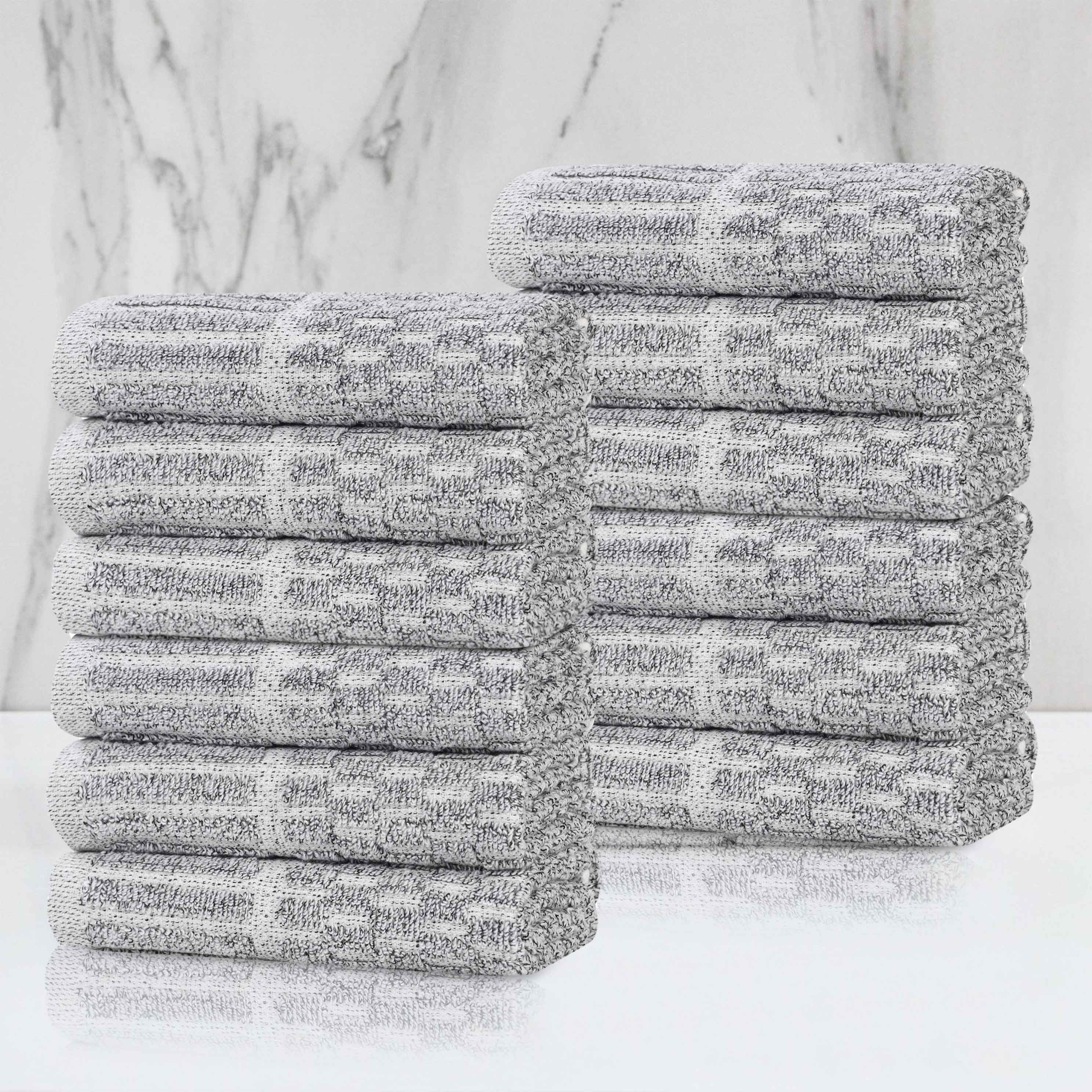 Juno Cotton Blend Checkered Ribbed Border Face Towels Washcloths, Set of 12 - Face Towel by Superior Brand