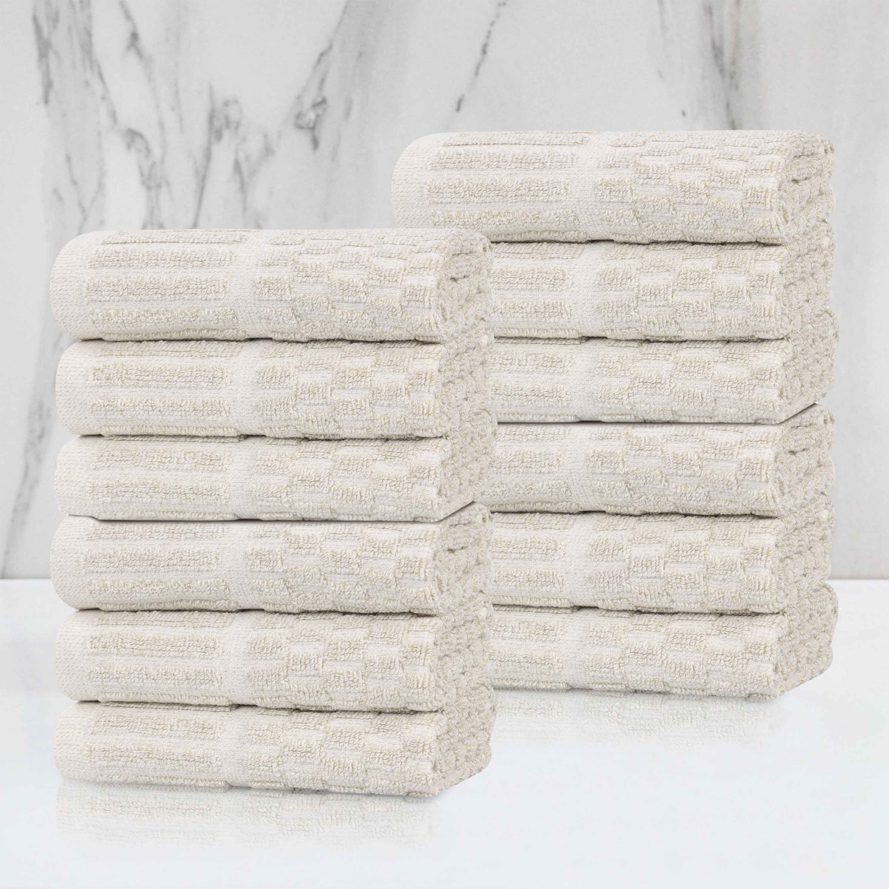 Juno Cotton Blend Checkered Ribbed Border Face Towels Washcloths, Set of 12 - Face Towel by Superior Brand