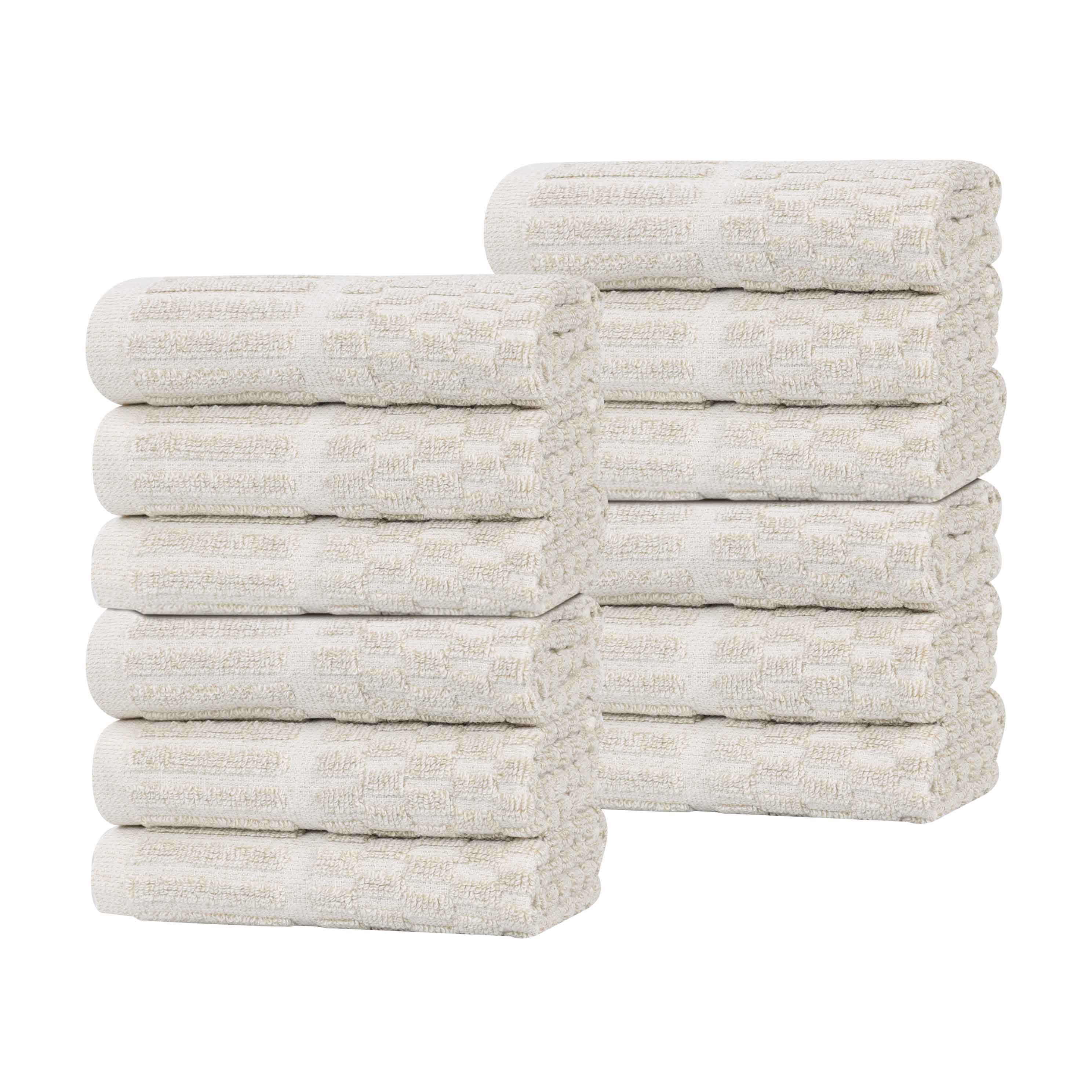 Juno Cotton Blend Checkered Ribbed Border Face Towels Washcloths, Set of 12 - Face Towel by Superior Brand