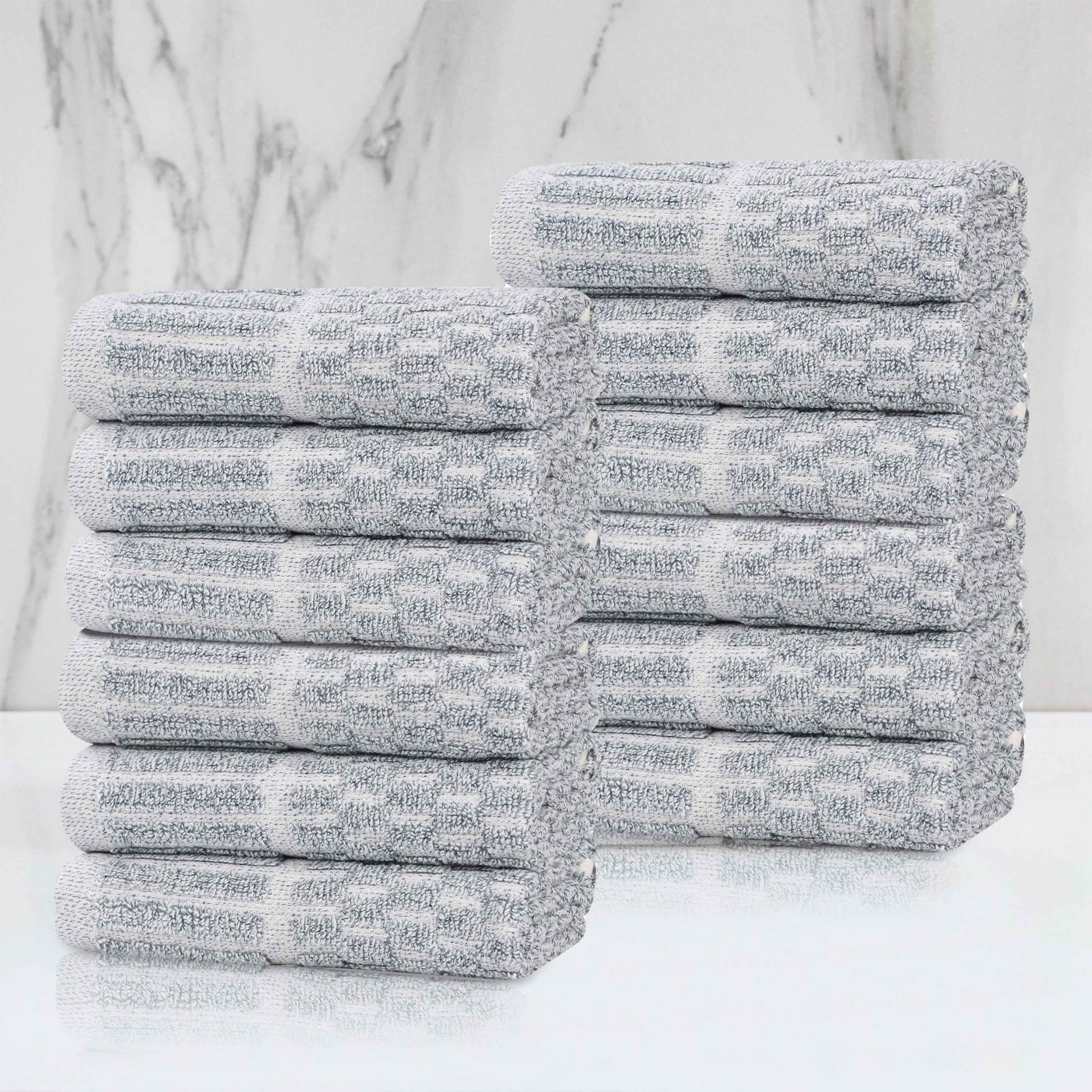 Juno Cotton Blend Checkered Ribbed Border Face Towels Washcloths, Set of 12 - Face Towel by Superior Brand