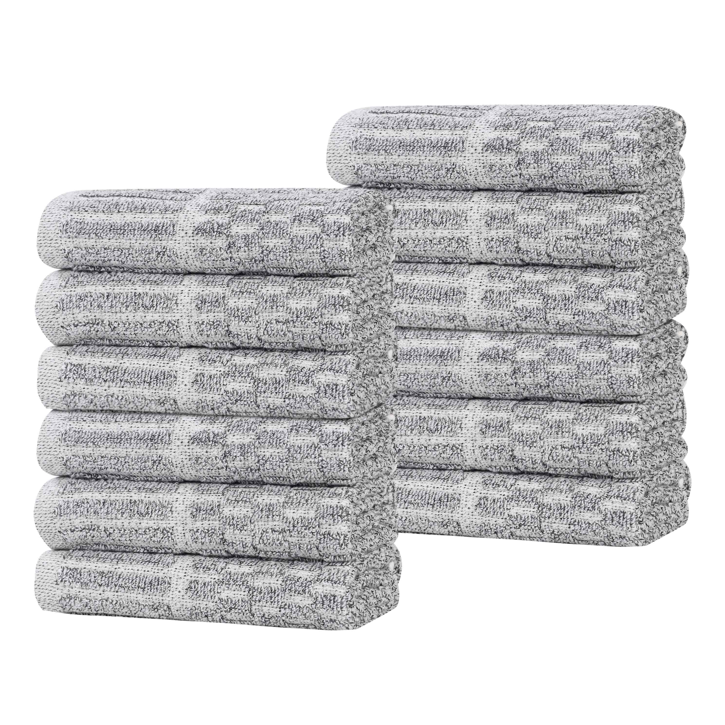 Juno Cotton Blend Checkered Ribbed Border Face Towels Washcloths, Set of 12 - Face Towel by Superior Brand