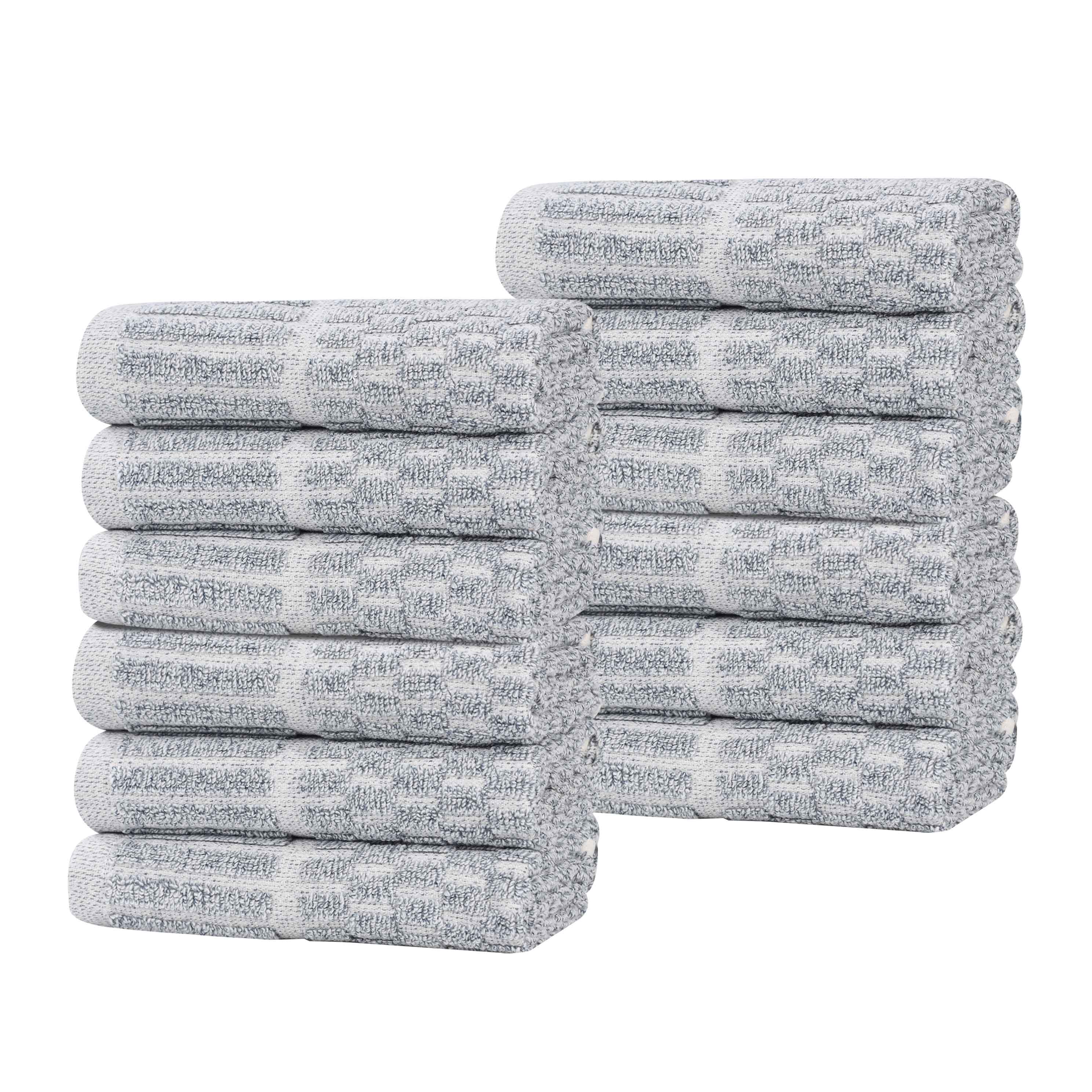 Juno Cotton Blend Checkered Ribbed Border Face Towels Washcloths, Set of 12 - Face Towel by Superior Brand
