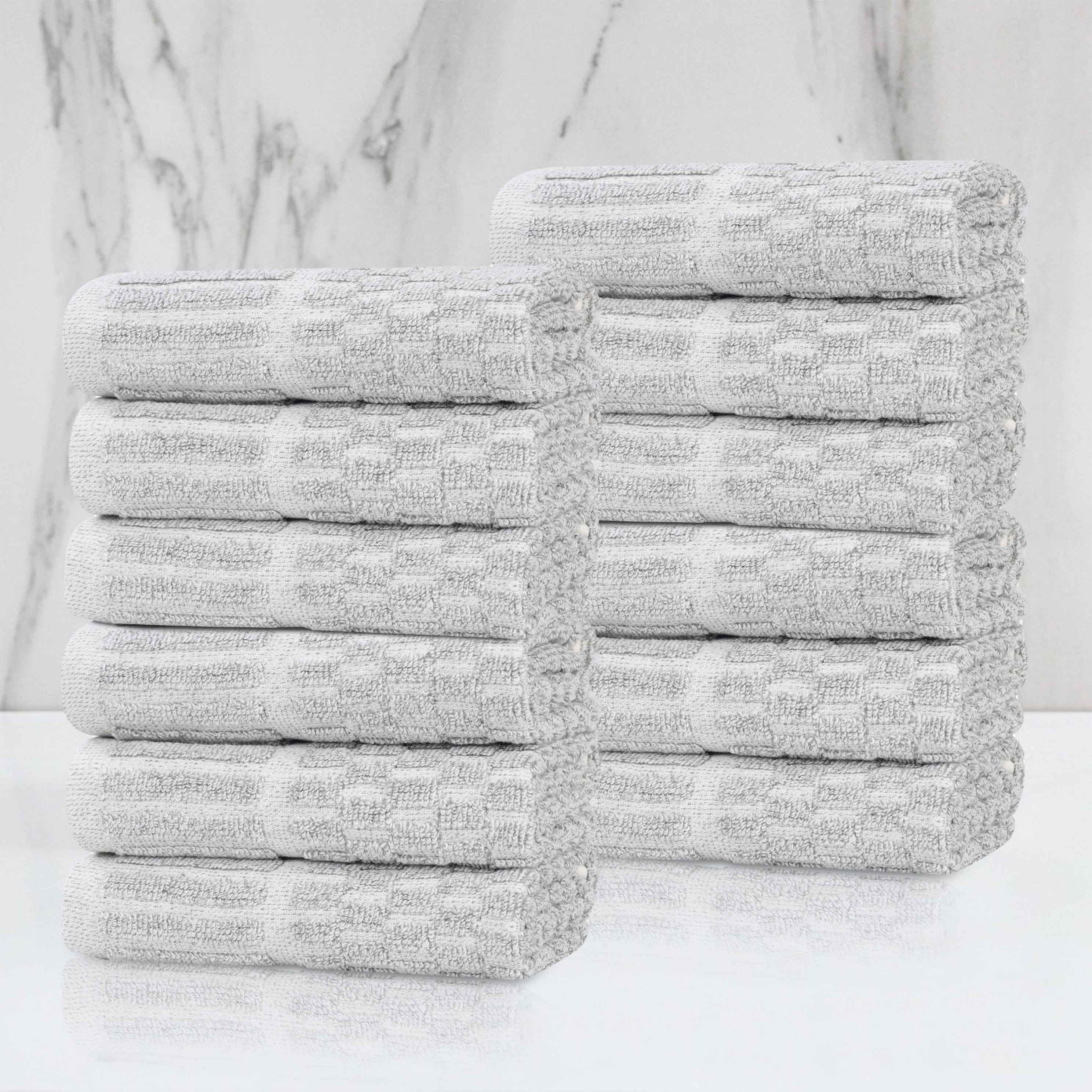 Juno Cotton Blend Checkered Ribbed Border Face Towels Washcloths, Set of 12 - Face Towel by Superior Brand