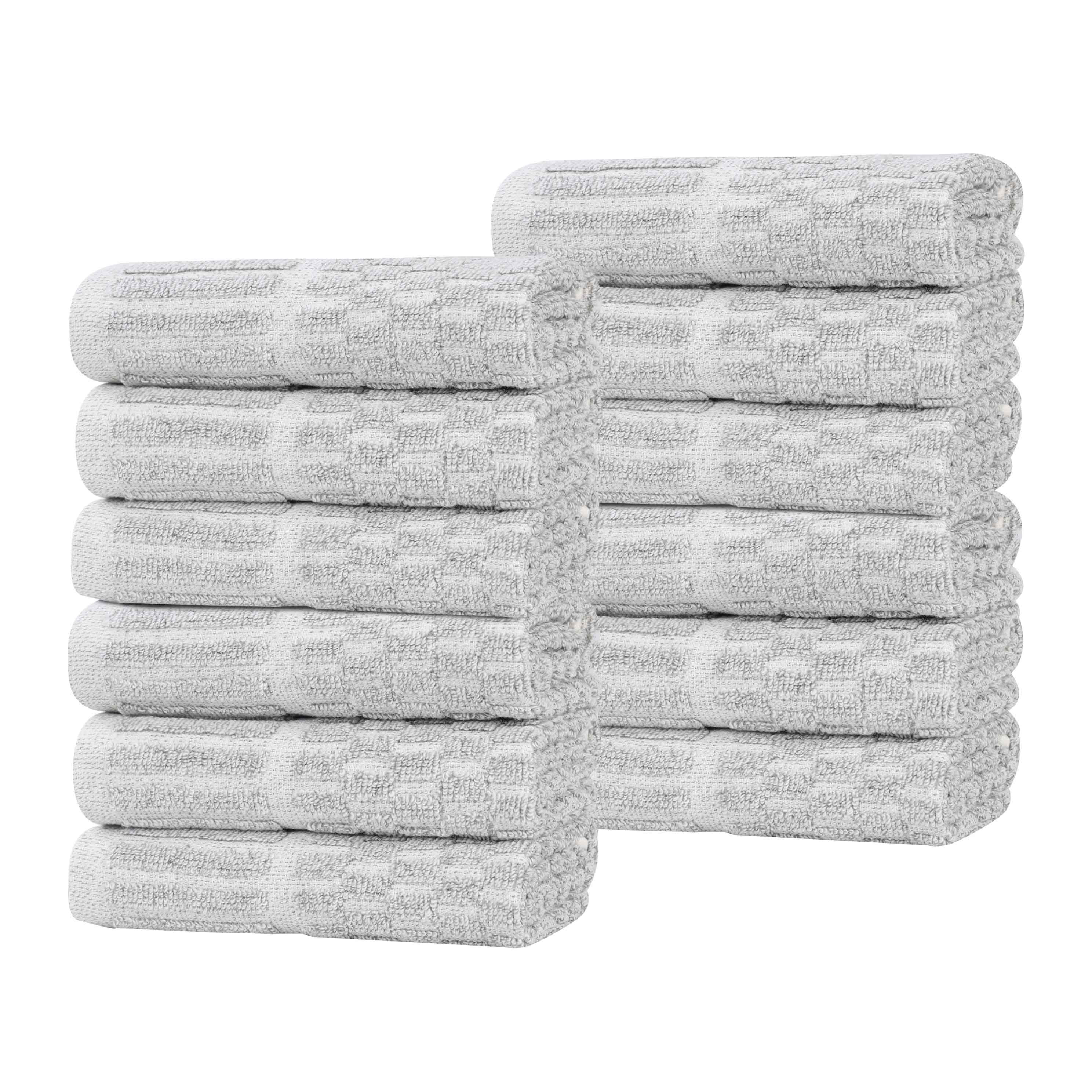Juno Cotton Blend Checkered Ribbed Border Face Towels Washcloths, Set of 12 - Face Towel by Superior Brand