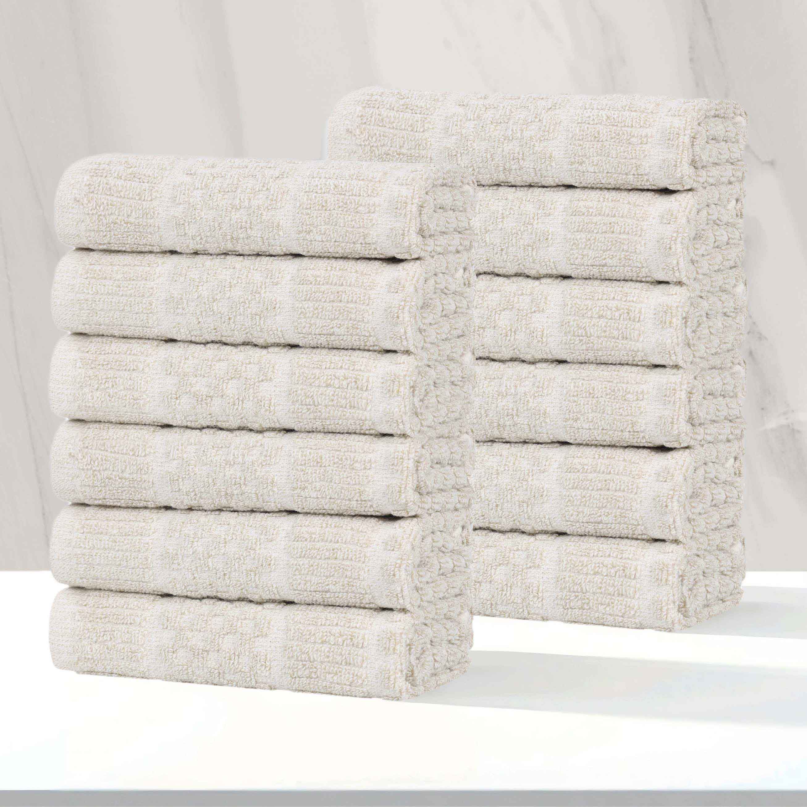 Naples Cotton Blend Checkered Ribbed Face Towels Washcloths, Set of 12 - Face Towel by Superior Brand
