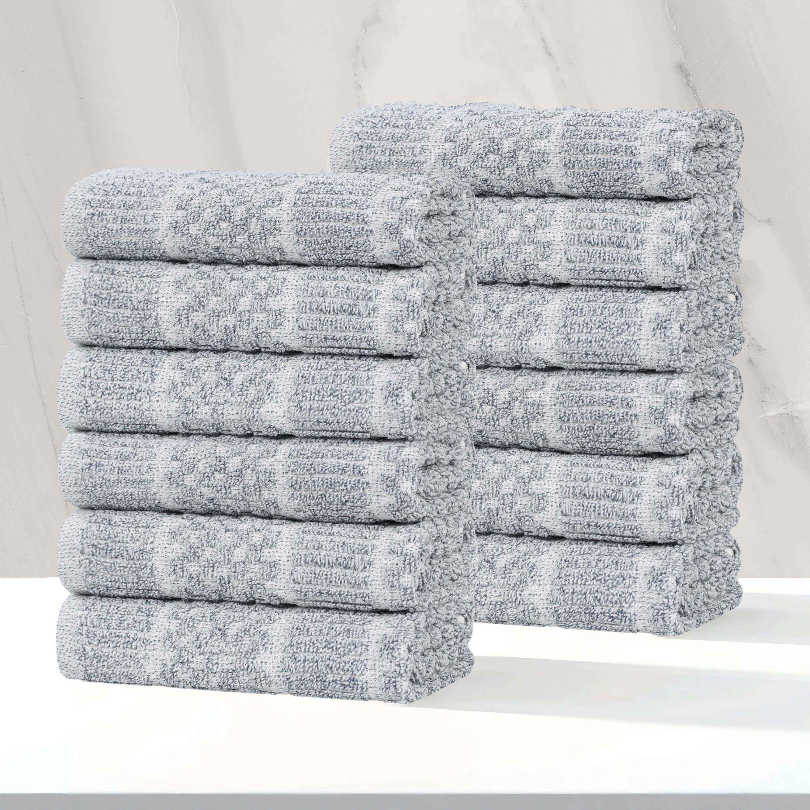 Naples Cotton Blend Checkered Ribbed Face Towels Washcloths, Set of 12 - Face Towel by Superior Brand
