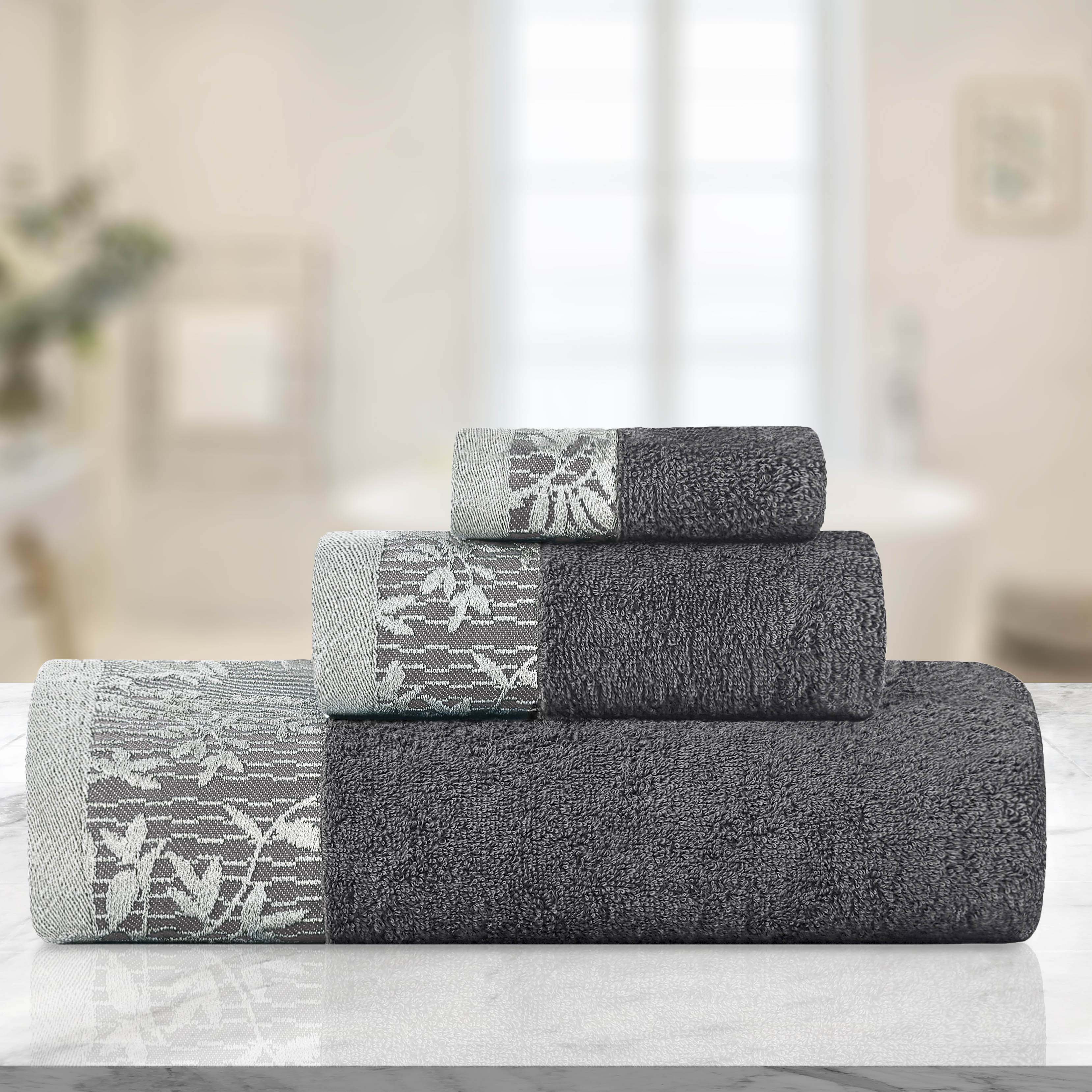 Wisteria Cotton Medium Weight Floral Jacquard Border 3 Piece Towel Set - Towel Set by Superior Brand
