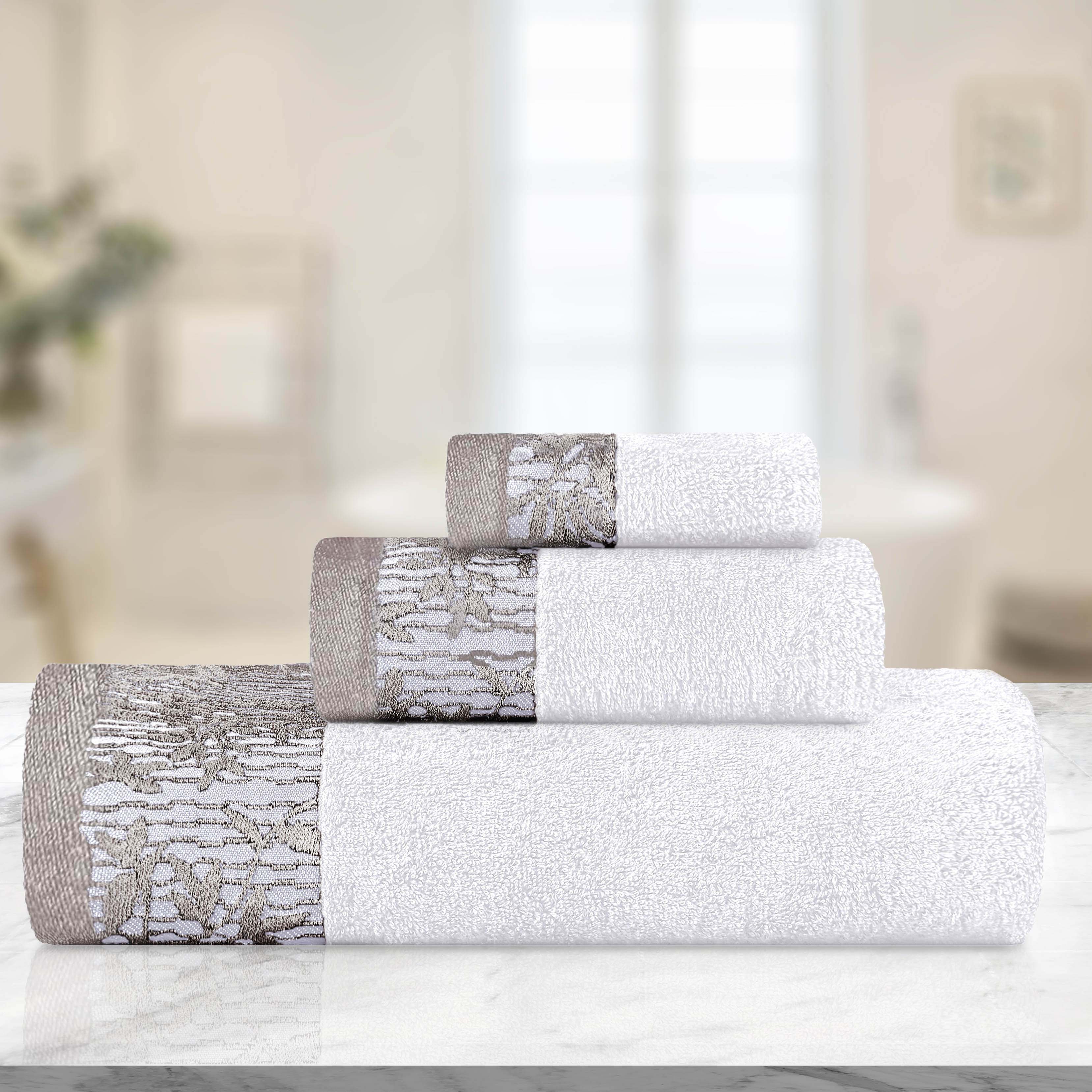 Wisteria Cotton Medium Weight Floral Jacquard Border 3 Piece Towel Set - Towel Set by Superior Brand