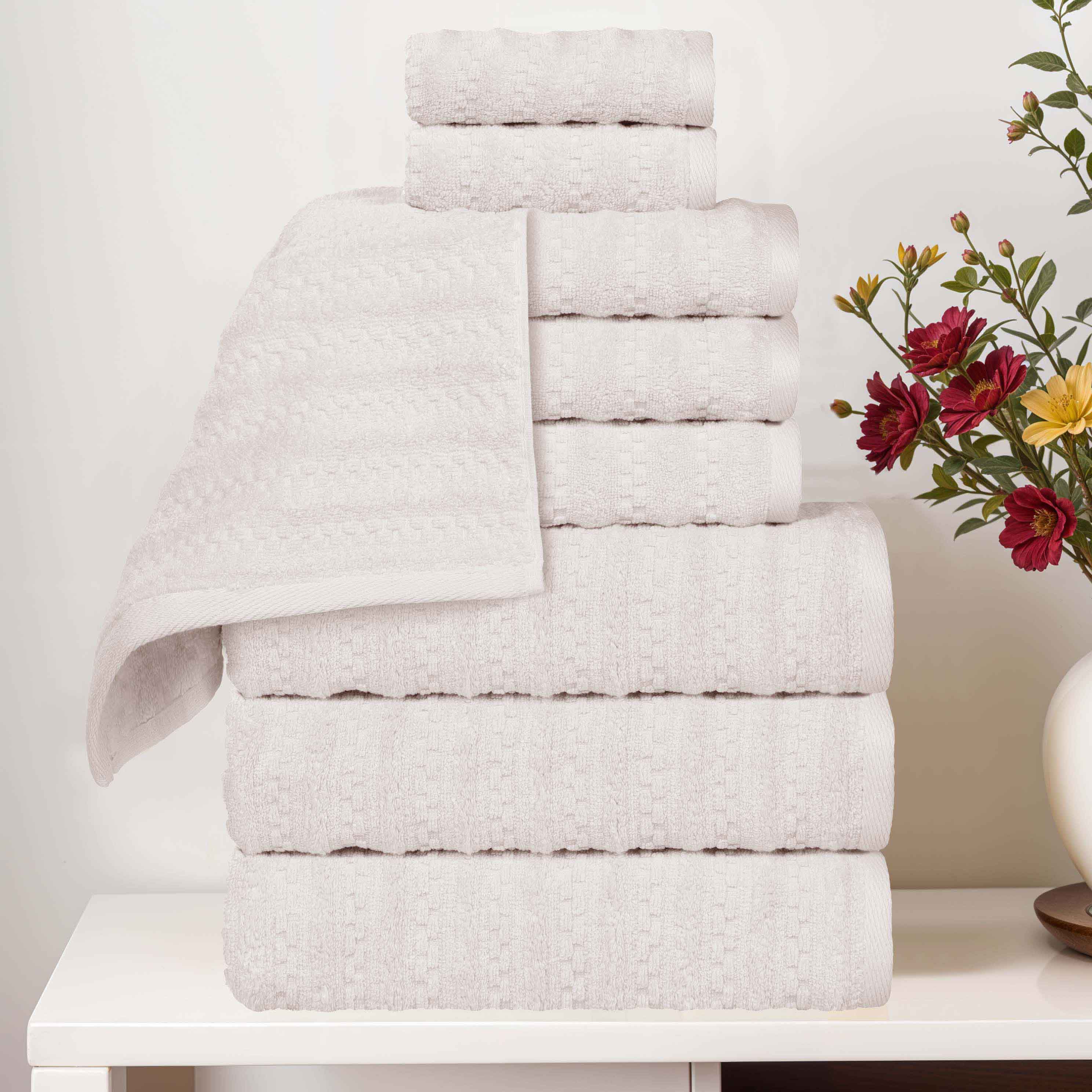 Zuma Zero Twist Cotton Medium Weight Waffle Stripes 9 Piece Towel Set - Towel Set by Superior Brand