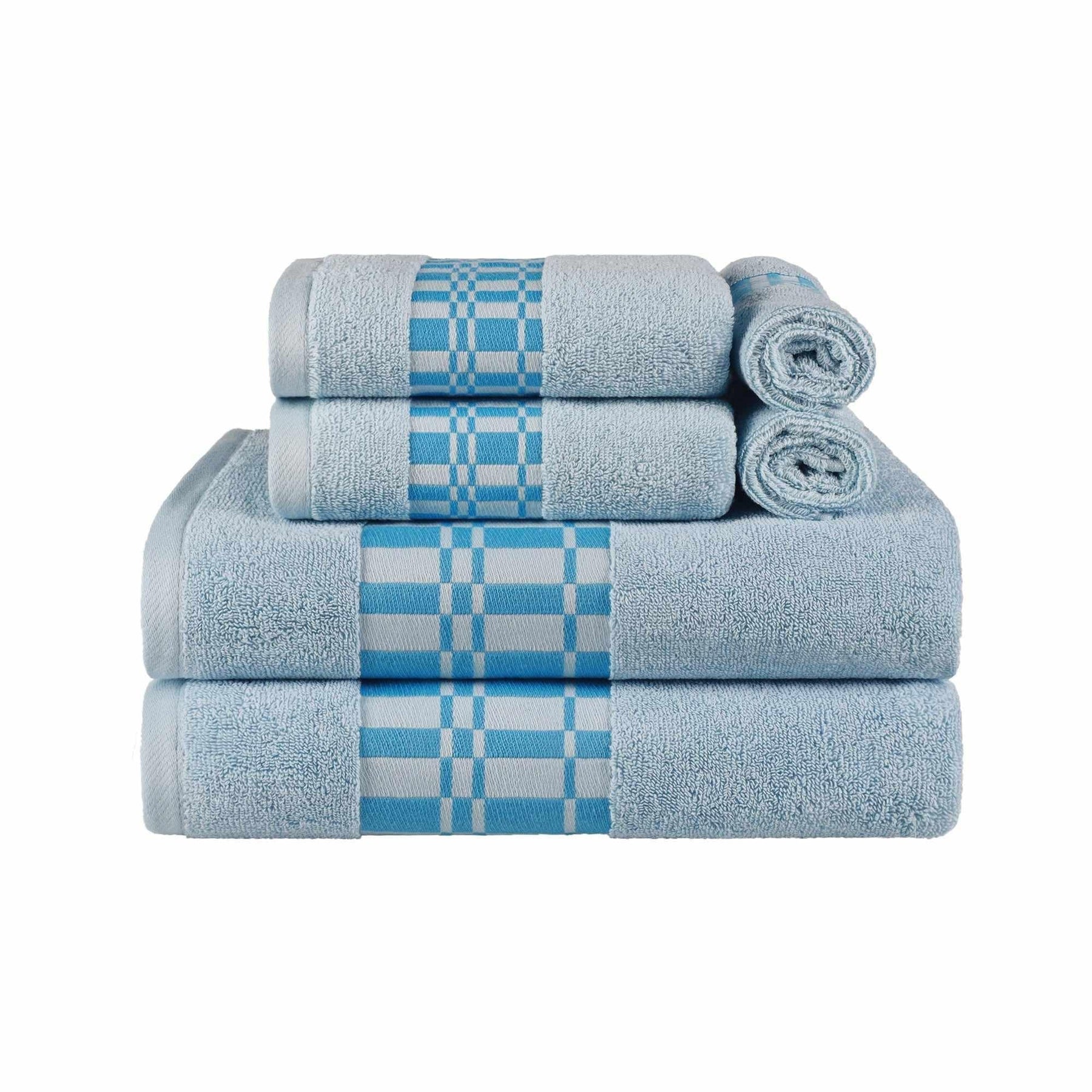  Superior Larissa Cotton 6-Piece Assorted Towel Set with Geometric Embroidered Jacquard Border - Light Blue