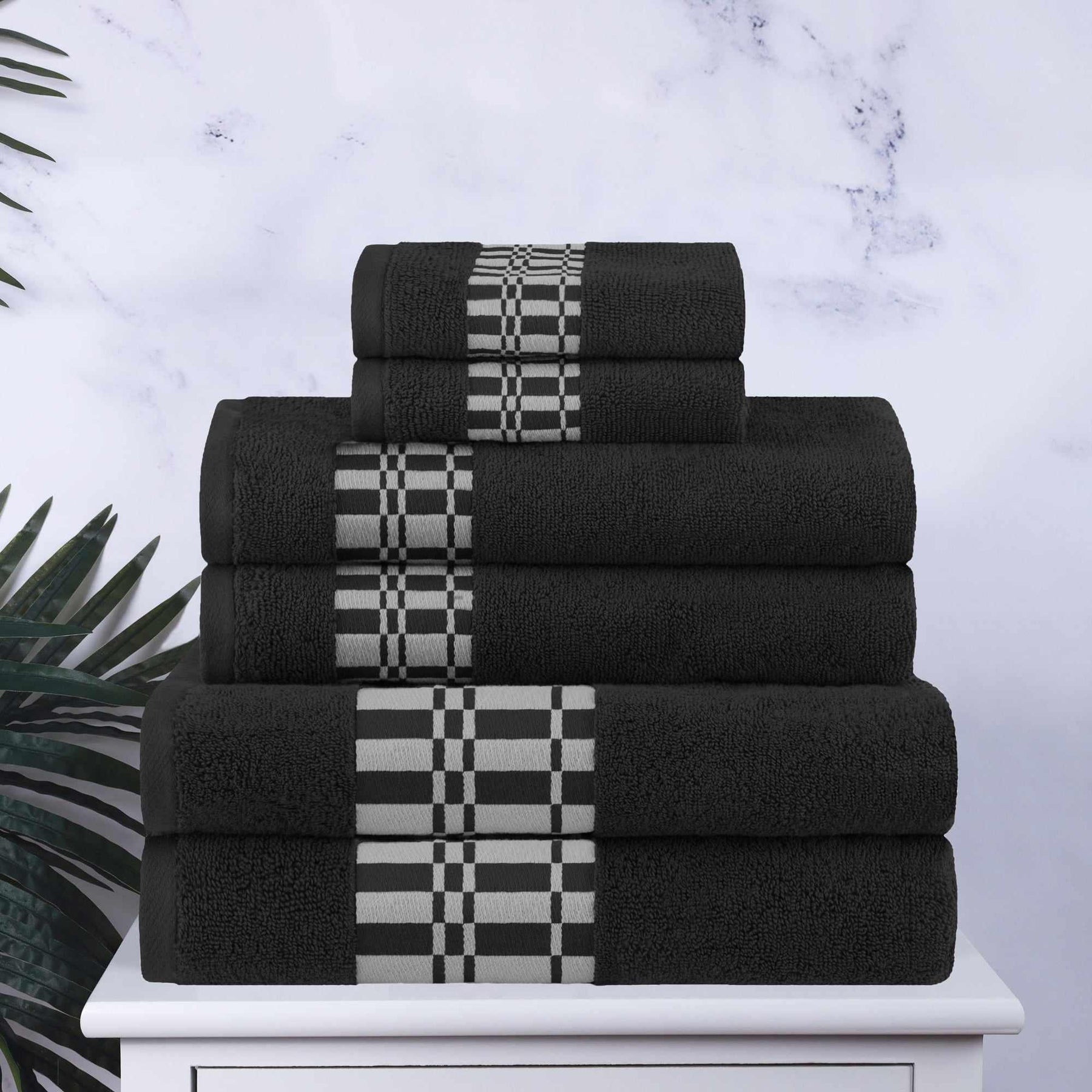 Superior Larissa Cotton 6-Piece Assorted Towel Set with Geometric Embroidered Jacquard Border  - Black