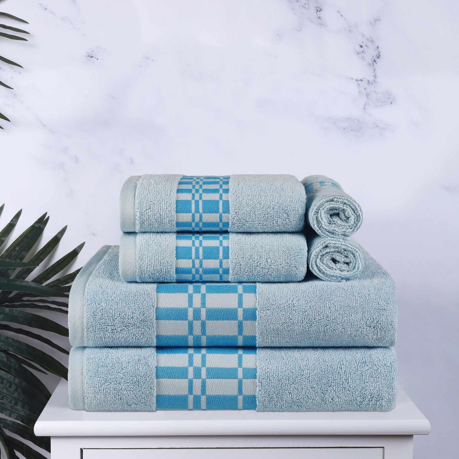 Superior Larissa Cotton 6-Piece Assorted Towel Set with Geometric Embroidered Jacquard Border  - Light Blue