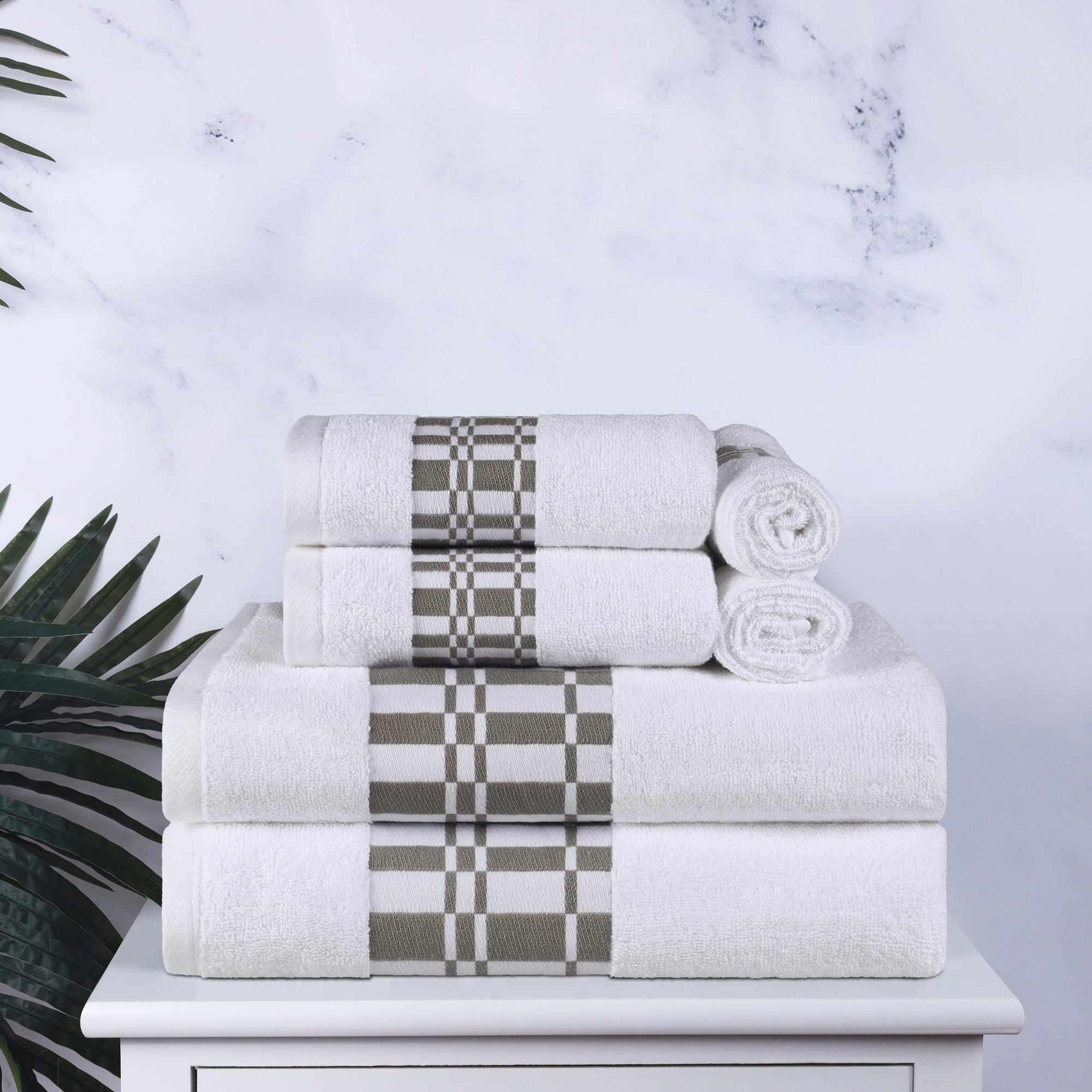 Superior Larissa Cotton 6-Piece Assorted Towel Set with Geometric Embroidered Jacquard Border  - White