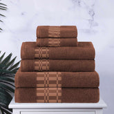Superior Larissa Cotton 6-Piece Assorted Towel Set with Geometric Embroidered Jacquard Border -  Chocolate