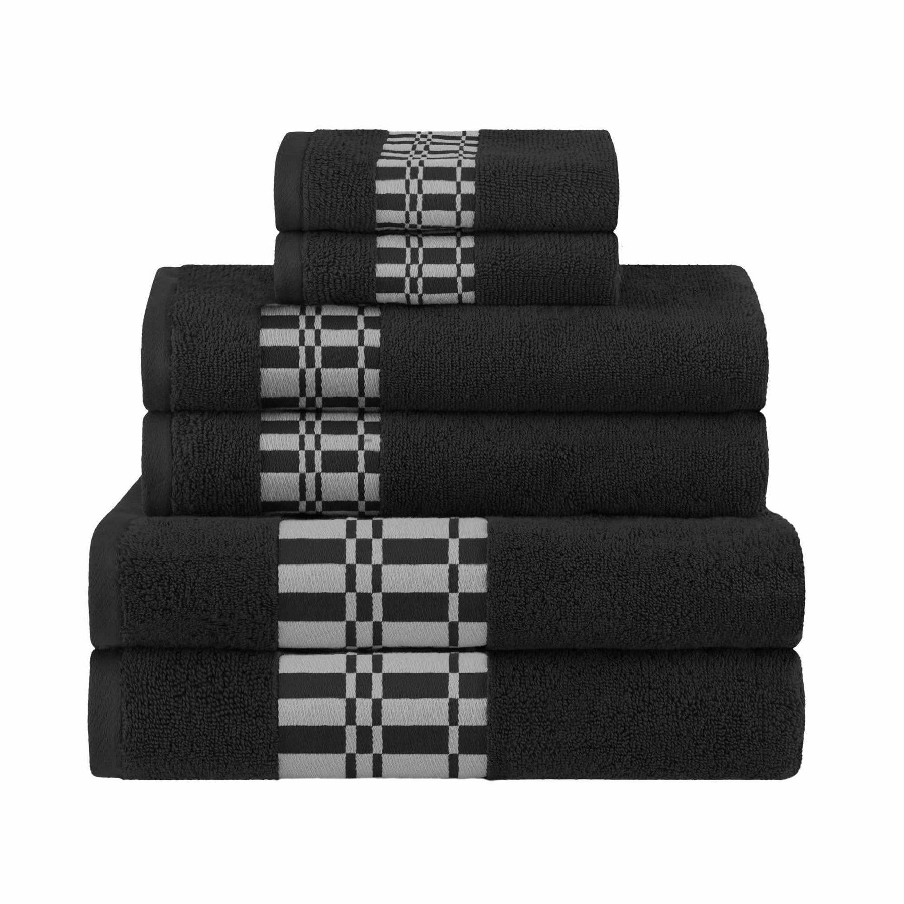 Superior Larissa Cotton 6-Piece Assorted Towel Set with Geometric Embroidered Jacquard Border - Black