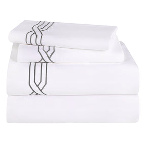 Superior Egyptian Cotton 1200 Thread Count Embroidered Geometric Scroll Bed Sheet Set - White- Charcoal