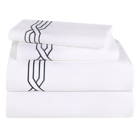 Superior Egyptian Cotton 1200 Thread Count Embroidered Geometric Scroll Bed Sheet Set - White-Navy blue