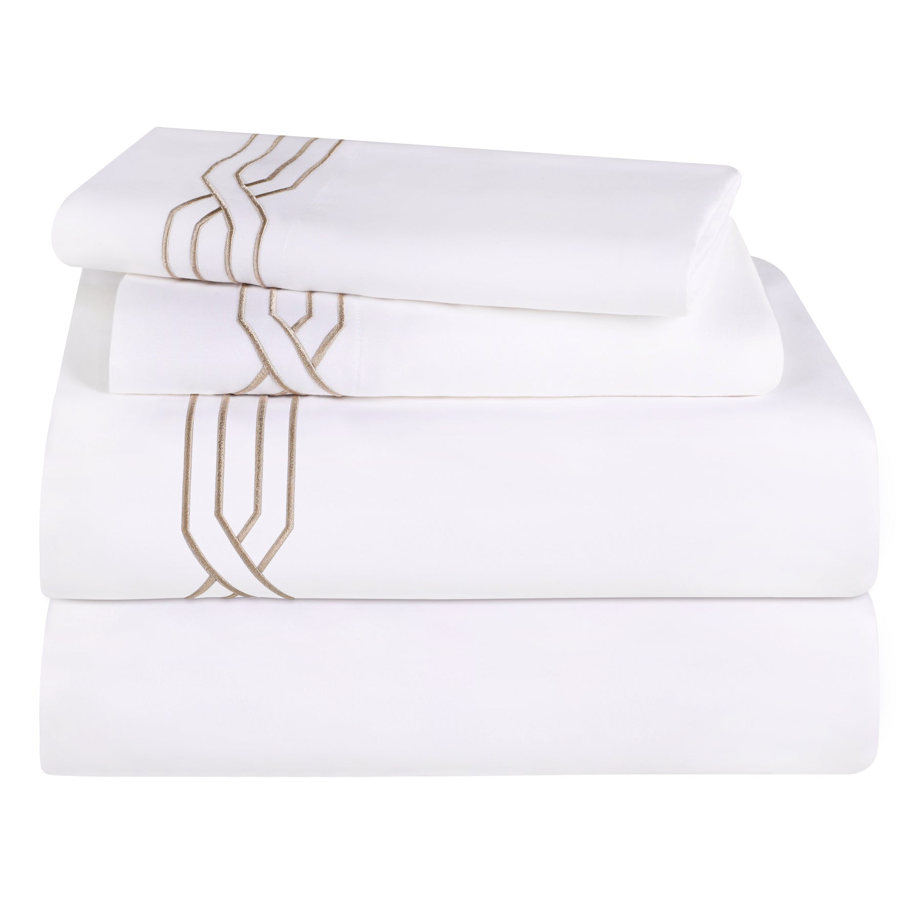 Superior Egyptian Cotton 1200 Thread Count Embroidered Geometric Scroll Bed Sheet Set - White- Taupe