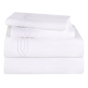Superior Egyptian Cotton 1200 Thread Count Embroidered Geometric Scroll Bed Sheet Set - White- White