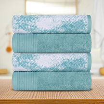 Superior Cotton Medium Weight Marble Solid Jacquard Border Bath Towels (Set of 4) - Cyan