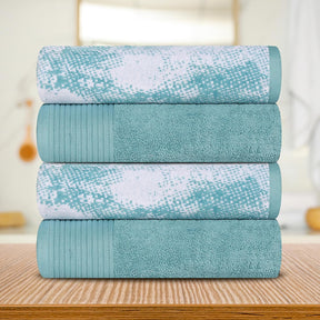 Superior Cotton Medium Weight Marble Solid Jacquard Border Bath Towels (Set of 4) - Cyan