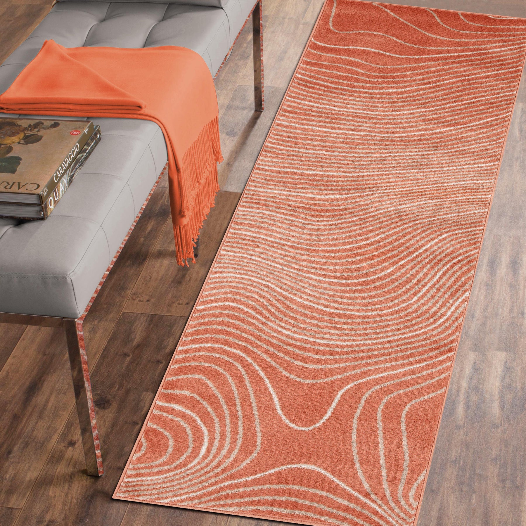 Modern Abstract Line Design Indoor Area Rug or Runner - Coral