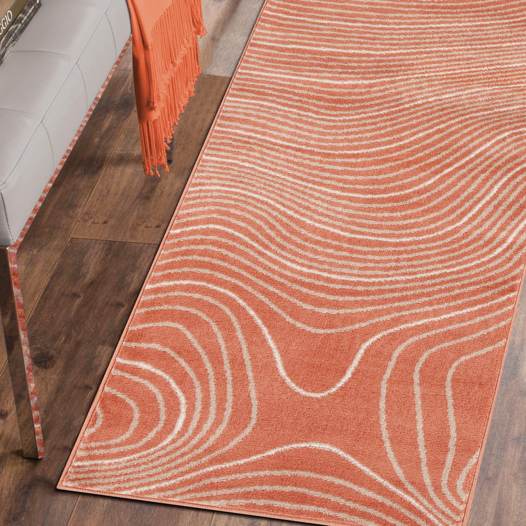 Modern Abstract Line Design Indoor Area Rug or Runner - Coral