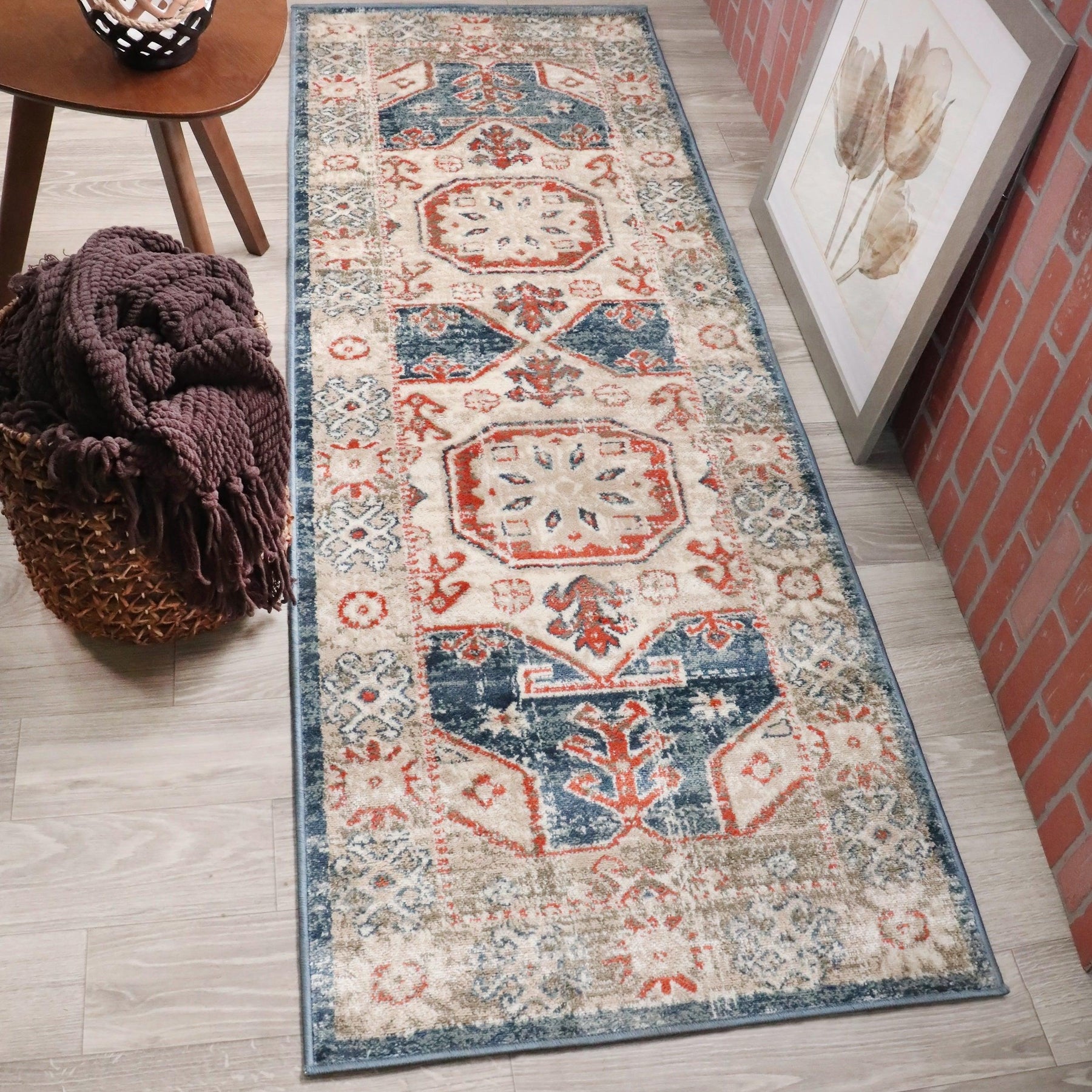 Rustic Distressed Geometric Design Indoor Home Area Rug Collection - Blue