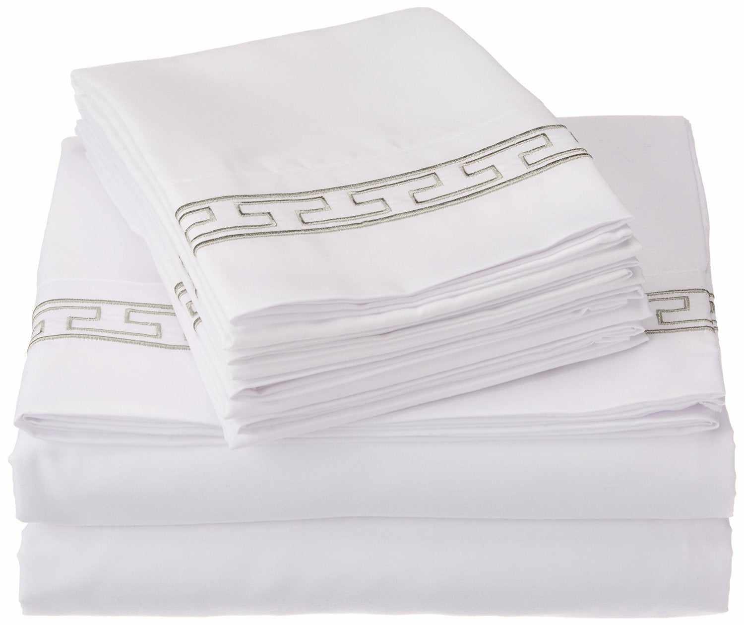 Superior 3000 Series Wrinkle Resistant Elegant Embroidered 6 Piece Sheet Set - White/Grey