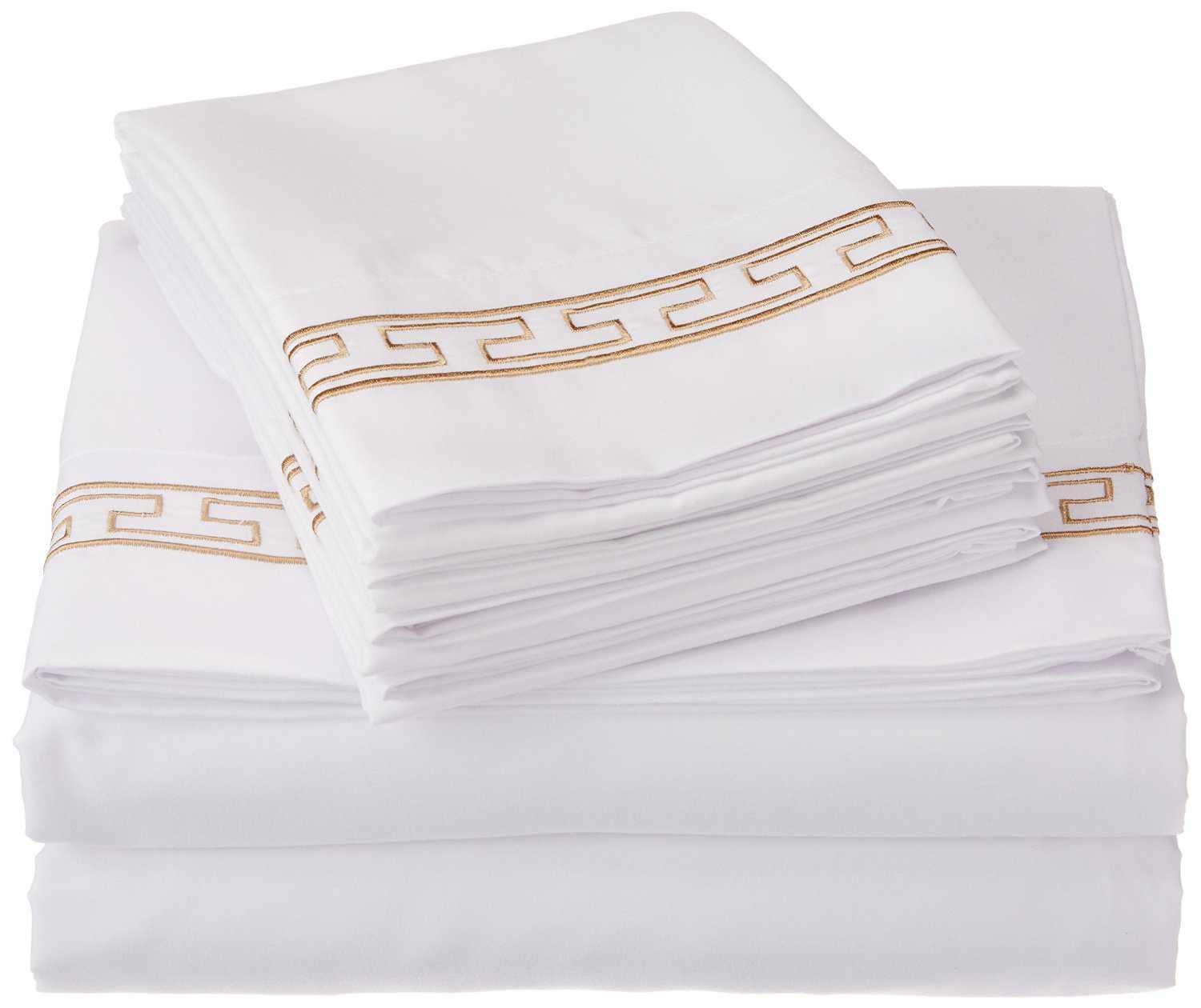 Superior 3000 Series Wrinkle Resistant Elegant Embroidered 6 Piece Sheet Set - White/Gold