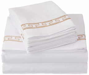Superior 3000 Series Wrinkle Resistant Elegant Embroidered 6 Piece Sheet Set - White/Gold