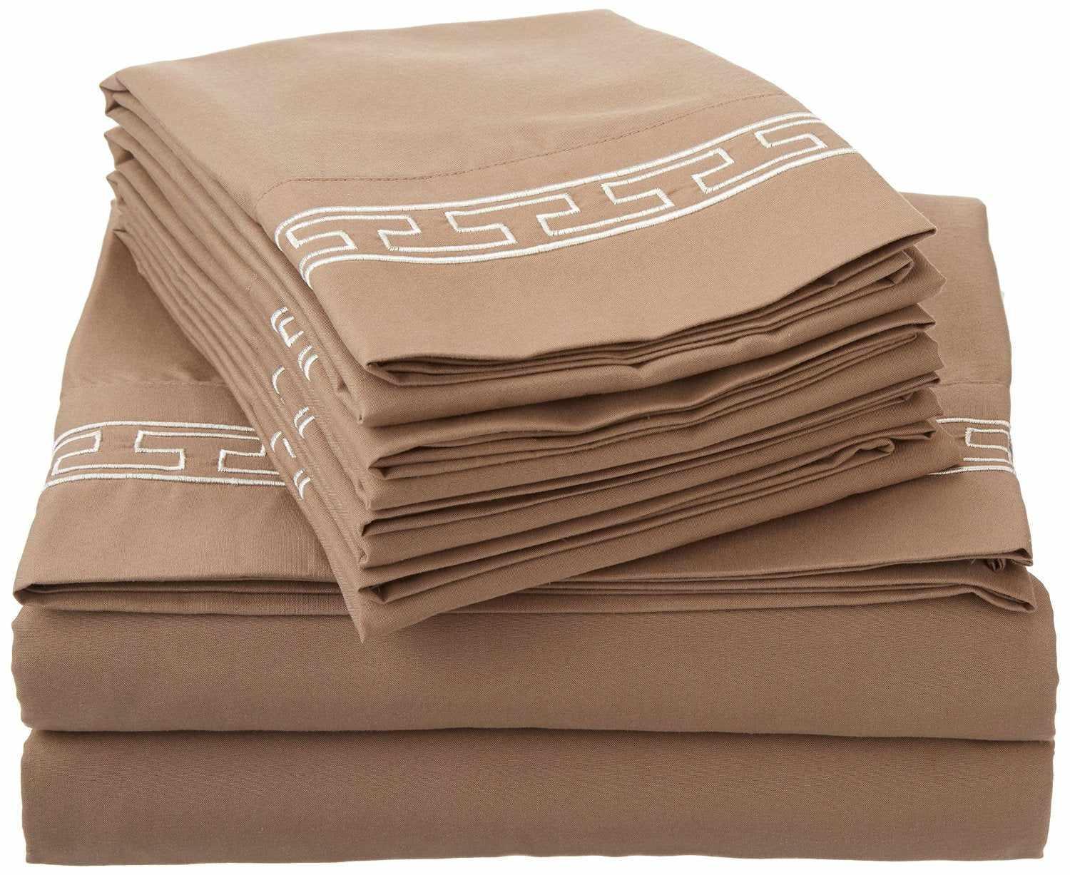  Superior 3000 Series Wrinkle Resistant Elegant Embroidered 6 Piece Sheet Set - Ivory/Taupe