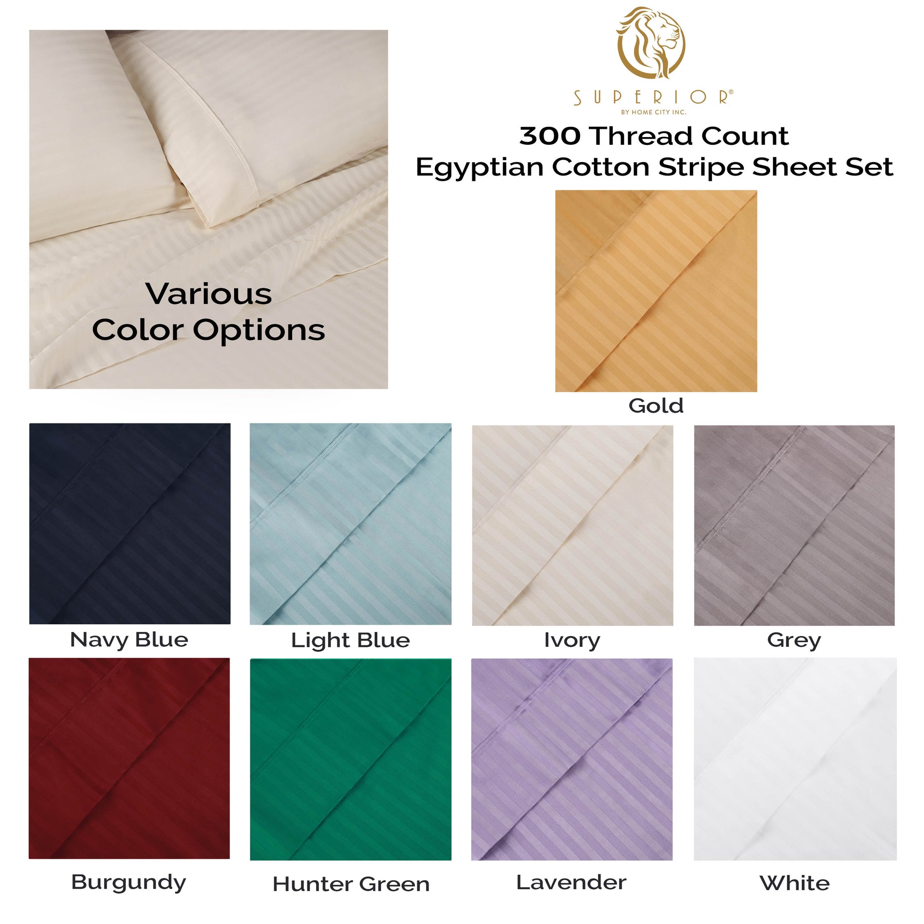 Superior 300 Thread Count Premium Egyptian Cotton Stripe Sheet Set