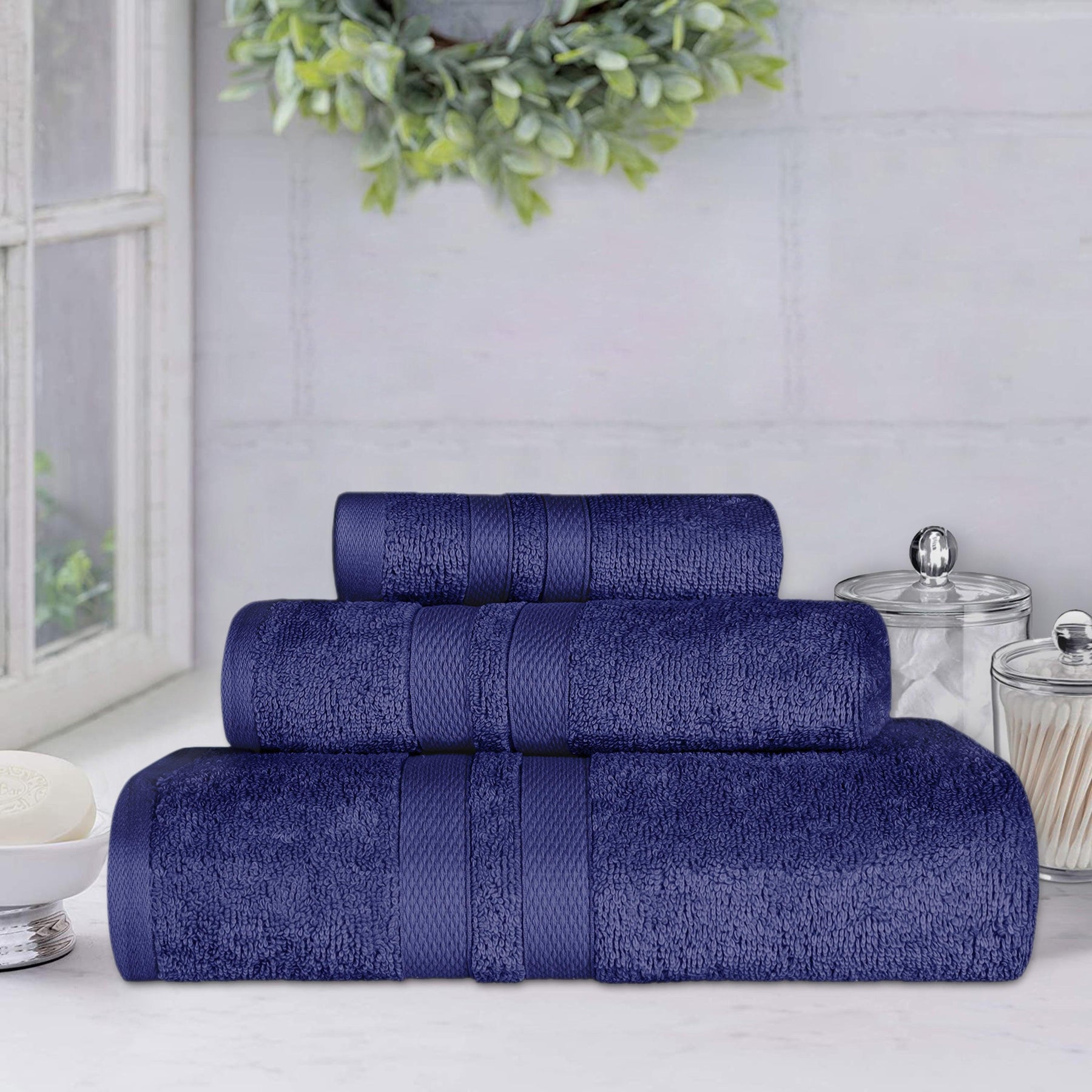 Superior Ultra Soft Cotton Absorbent Solid Assorted 3-Piece Towel Set - Navy Blue