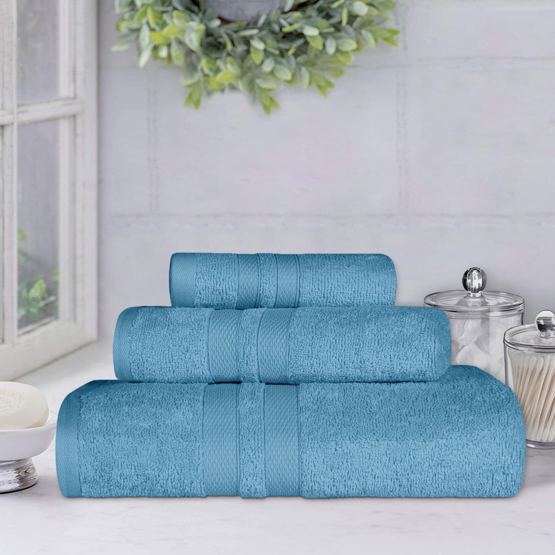 Superior Ultra Soft Cotton Absorbent Solid Assorted 3-Piece Towel Set  -Denim Blue