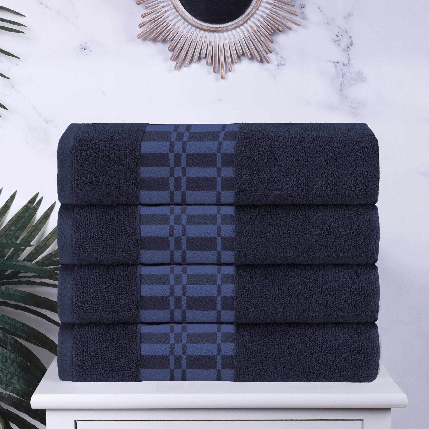 Superior Larissa Cotton 4-Piece Bath Towel Set with Geometric Embroidered Jacquard Border  - Navy Blue