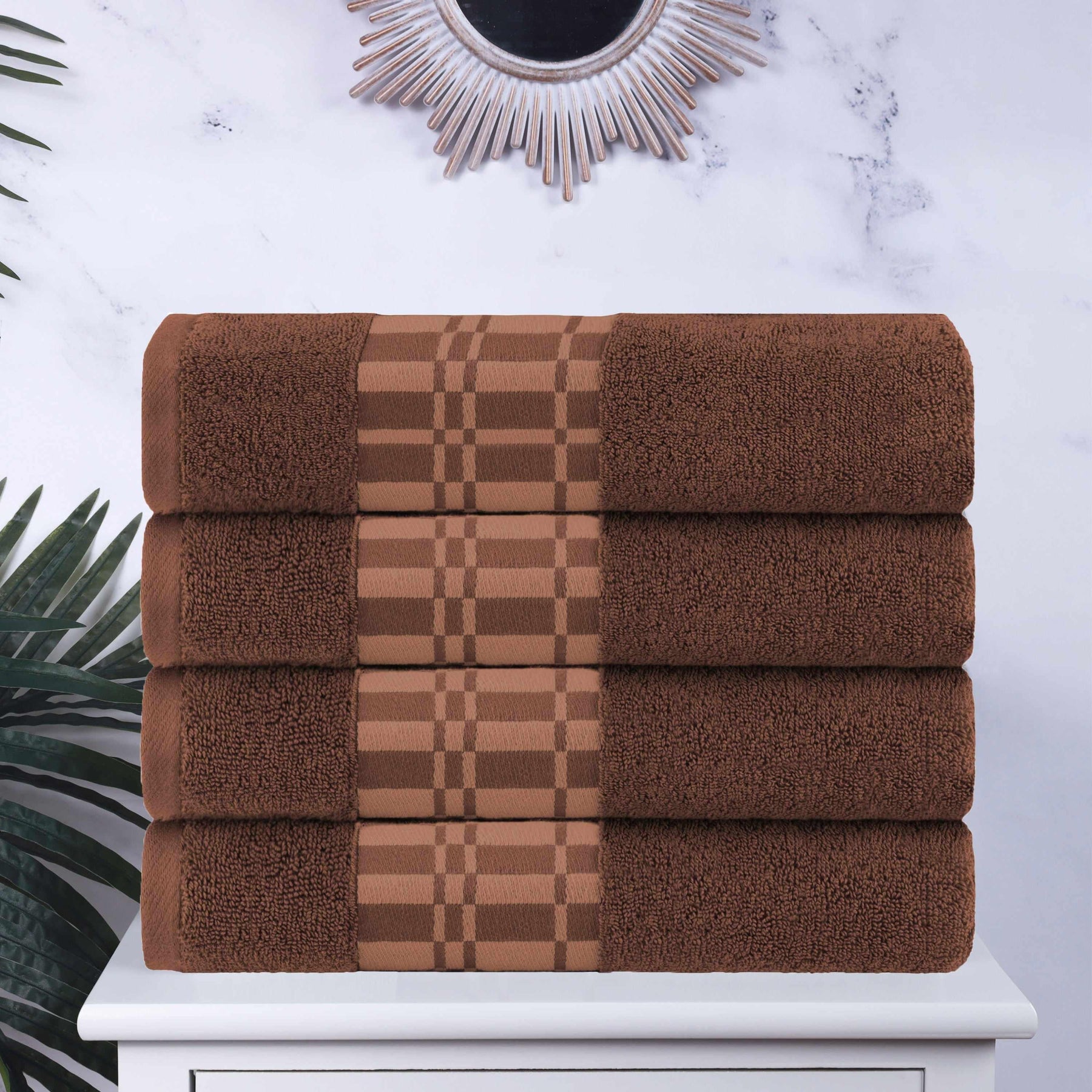 Superior Larissa Cotton 4-Piece Bath Towel Set with Geometric Embroidered Jacquard Border  - Chocolate