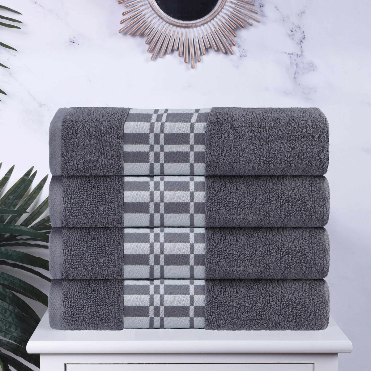 4-Piece Ultra-Soft Cotton Modern Geometric Border Absorbent Bath Towel Set-Towel Set by Superior-Home City Inc