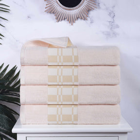 Superior Larissa Cotton 4-Piece Bath Towel Set with Geometric Embroidered Jacquard Border  -  Ivory