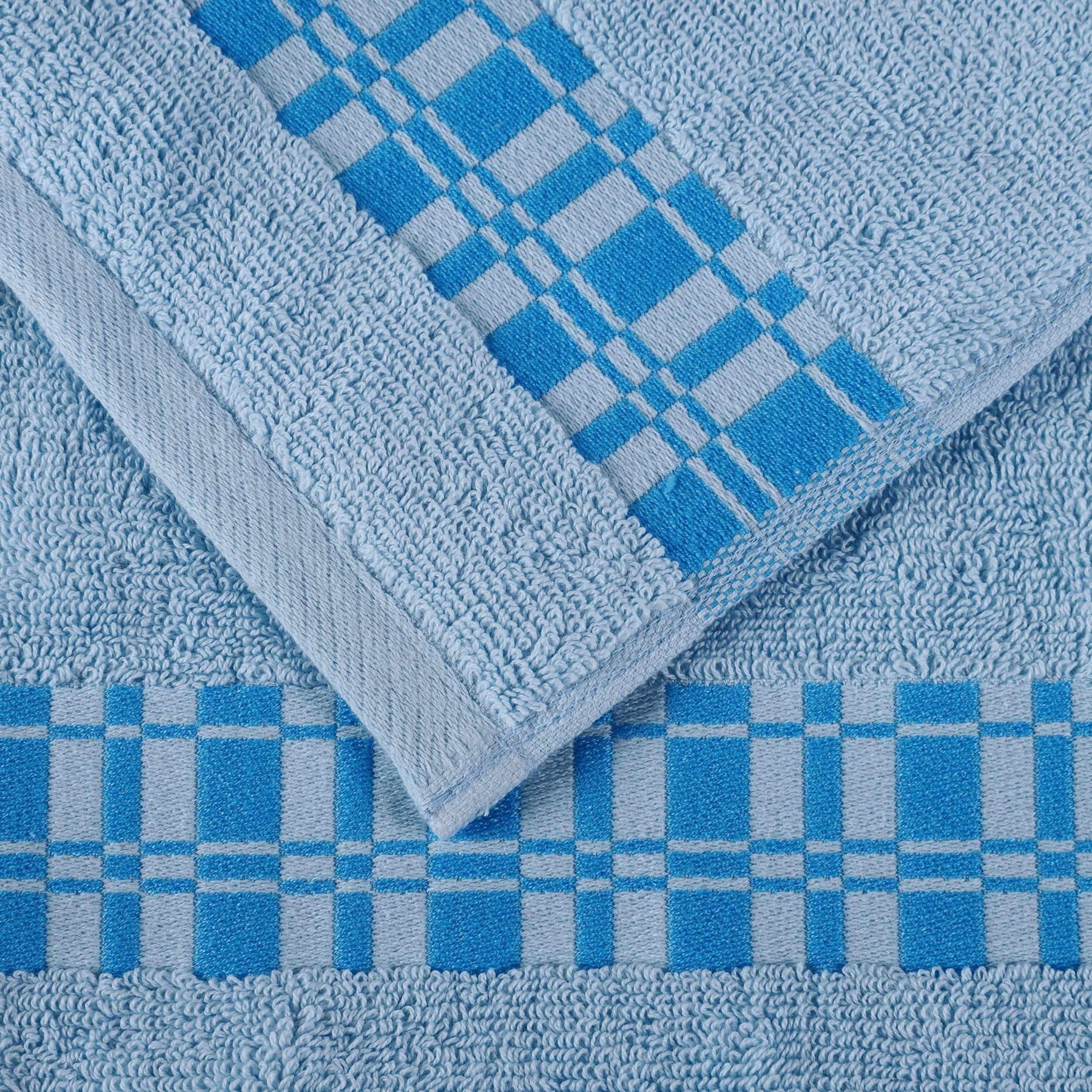  Superior Larissa Cotton 4-Piece Bath Towel Set with Geometric Embroidered Jacquard Border - Light Blue
