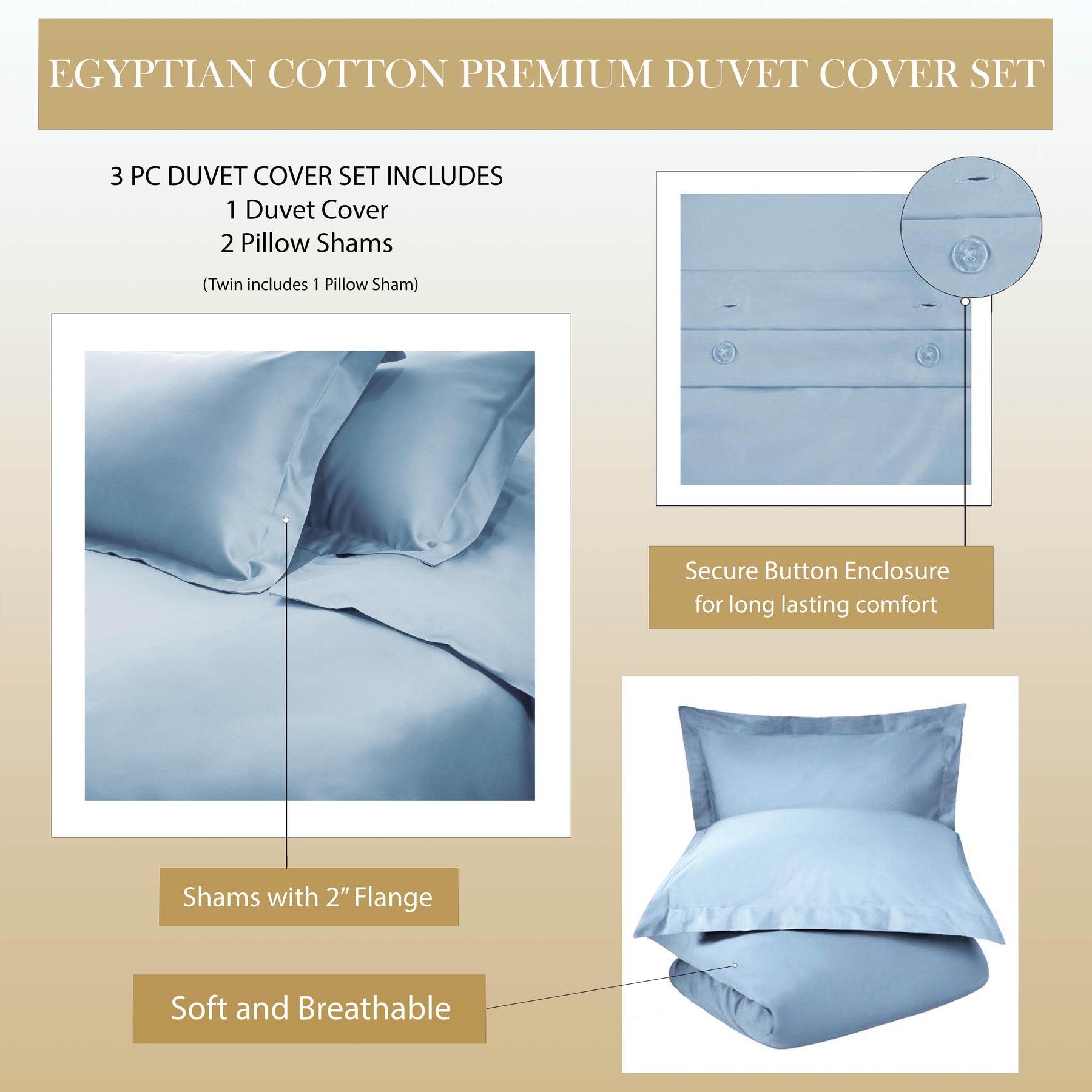  Superior Egyptian Cotton 400 Thread Count Solid Duvet Cover Set - Light Blue