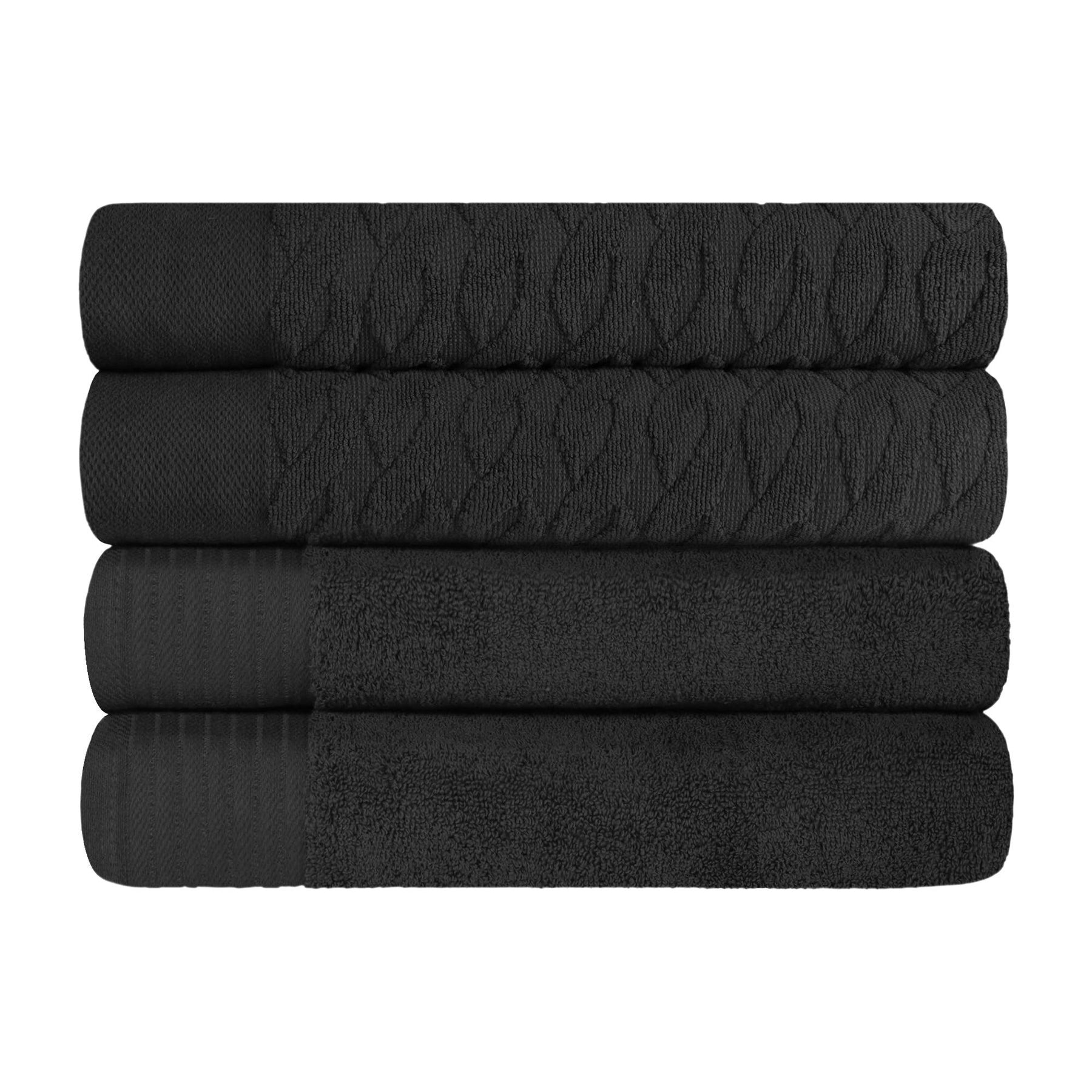 Premium Turkish Cotton Jacquard Herringbone and Solid 4-Piece Bath Towel Set - Black