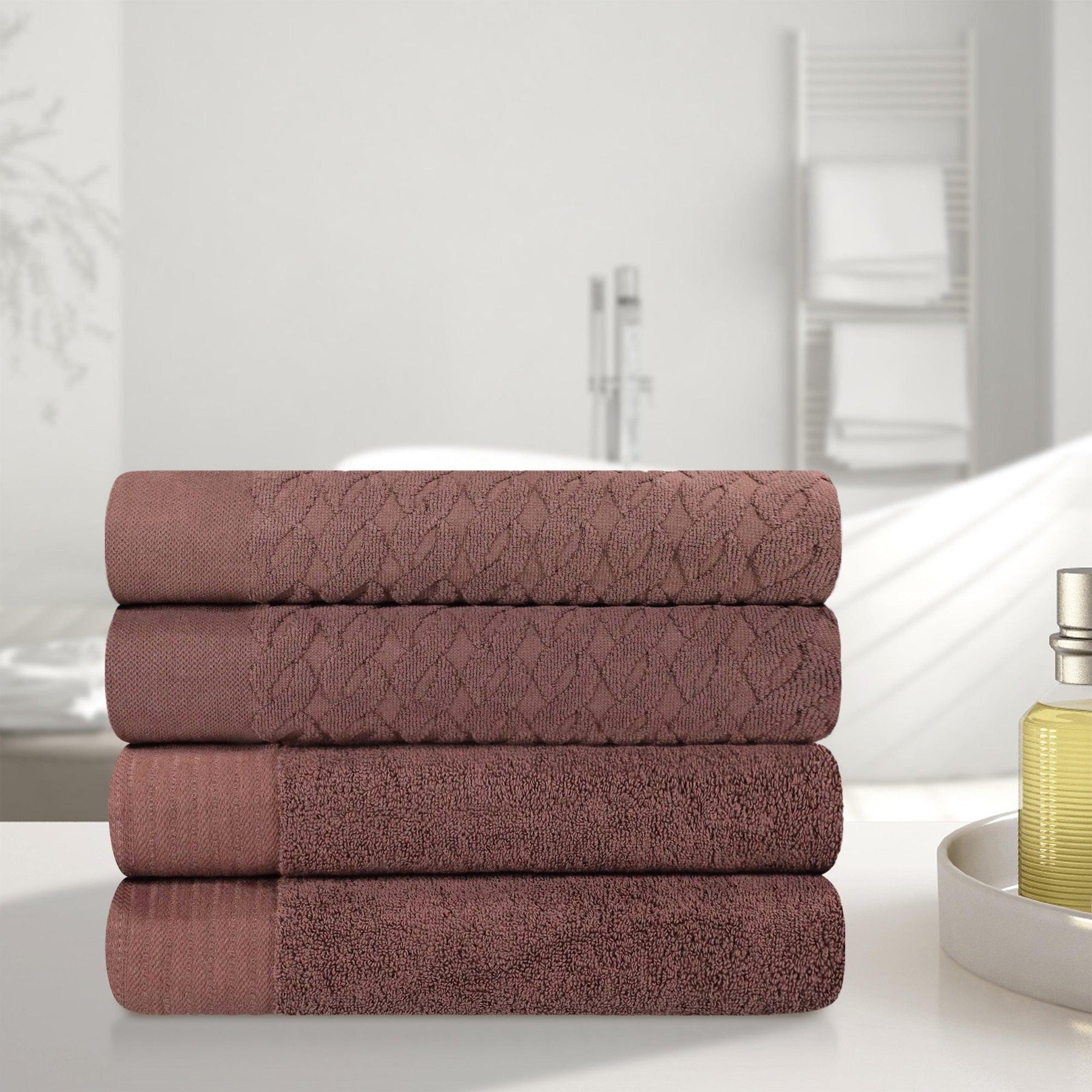 Premium Turkish Cotton Jacquard Herringbone and Solid 4-Piece Bath Towel Set -  Chocolate