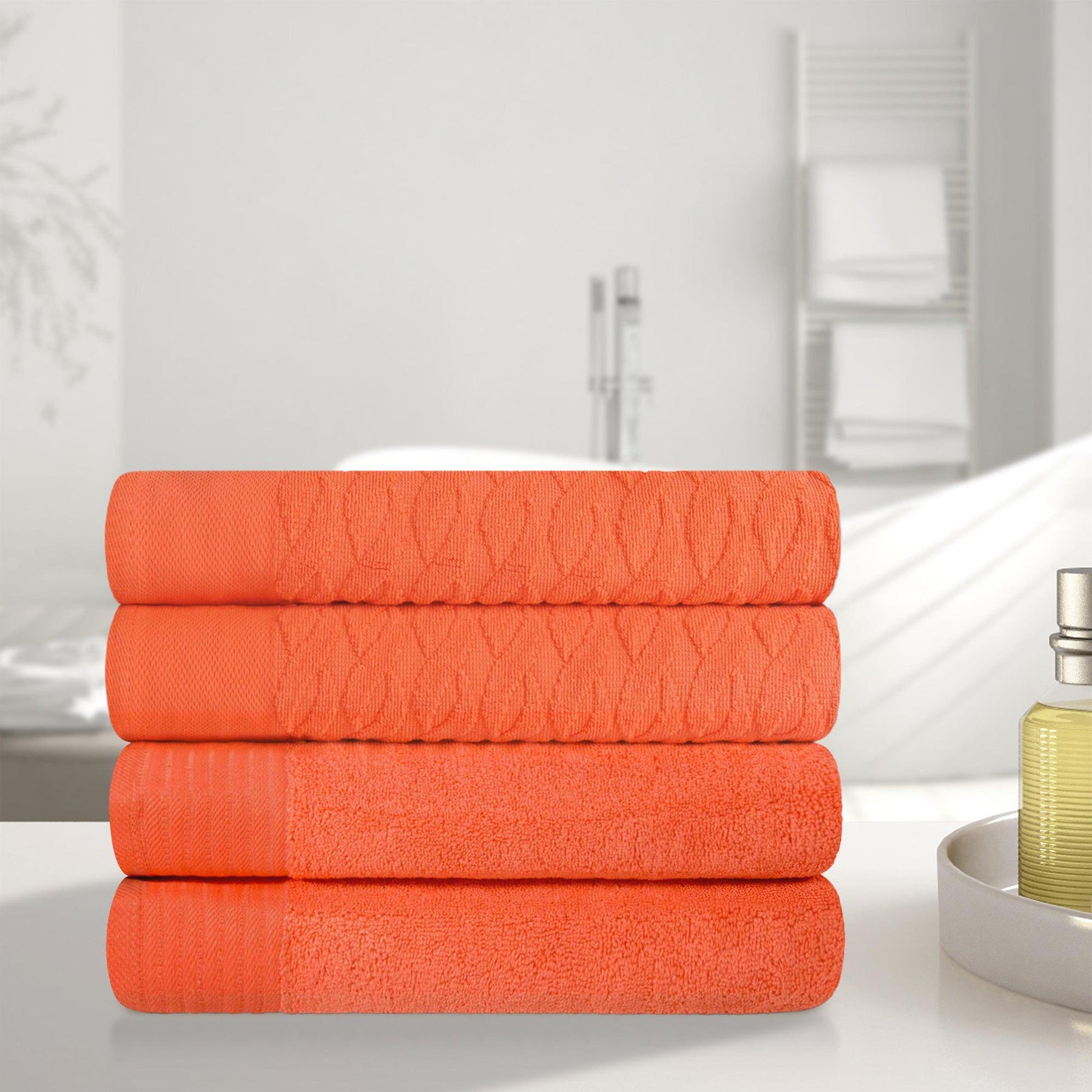Premium Turkish Cotton Jacquard Herringbone and Solid 4-Piece Bath Towel Set - Emberglow