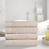 Premium Turkish Cotton Jacquard Herringbone and Solid 4-Piece Bath Towel Set -  Ivory 