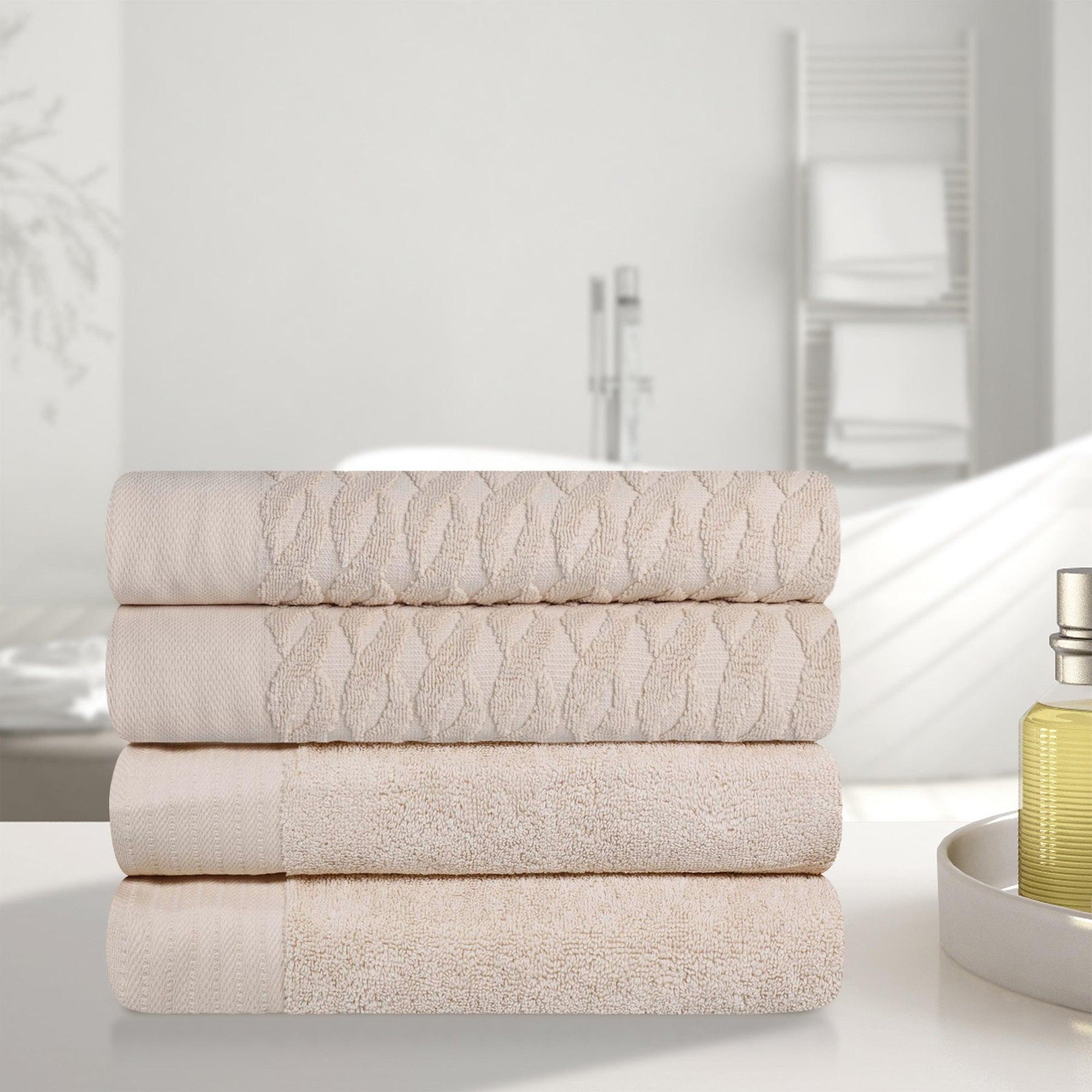 Premium Turkish Cotton Jacquard Herringbone and Solid 4-Piece Bath Towel Set -  Ivory 