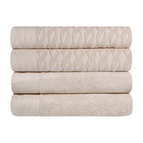 Premium Turkish Cotton Jacquard Herringbone and Solid 4-Piece Bath Towel Set -  Ivory