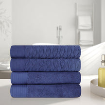 Premium Turkish Cotton Jacquard Herringbone and Solid 4-Piece Bath Towel Set - Navy Blue