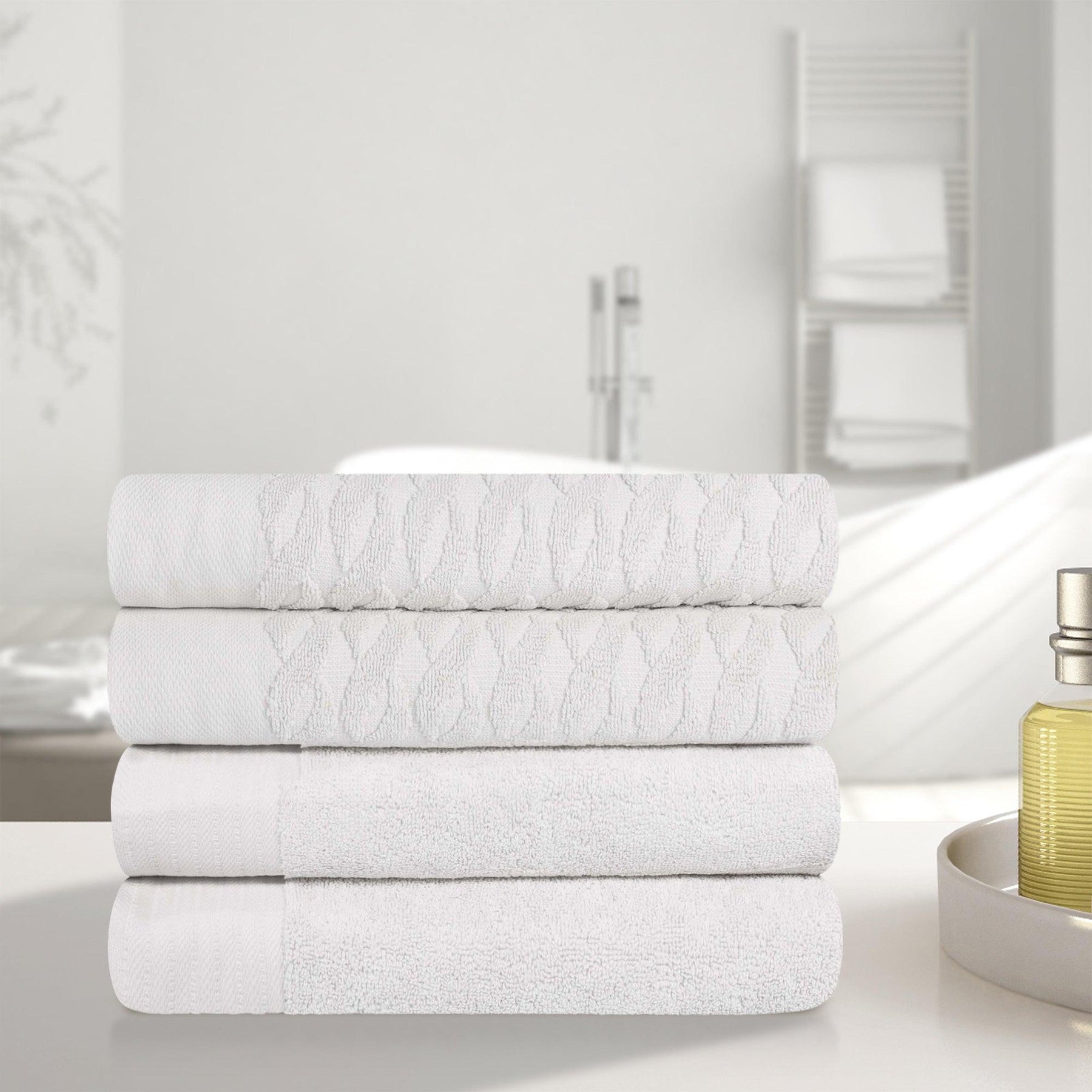 Premium Turkish Cotton Jacquard Herringbone and Solid 4-Piece Bath Towel Set - White